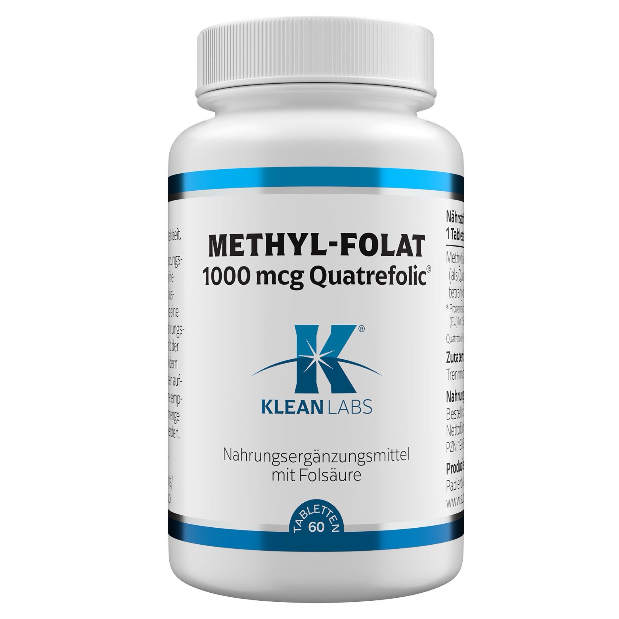 Weiße Flasche mit blauem Streifen. Aufschrift: Methyl-Folat 1000 mcg, Klean Labs Logo. Nahrungsergänzungsmittel mit Folsäure. 60 Tabletten.