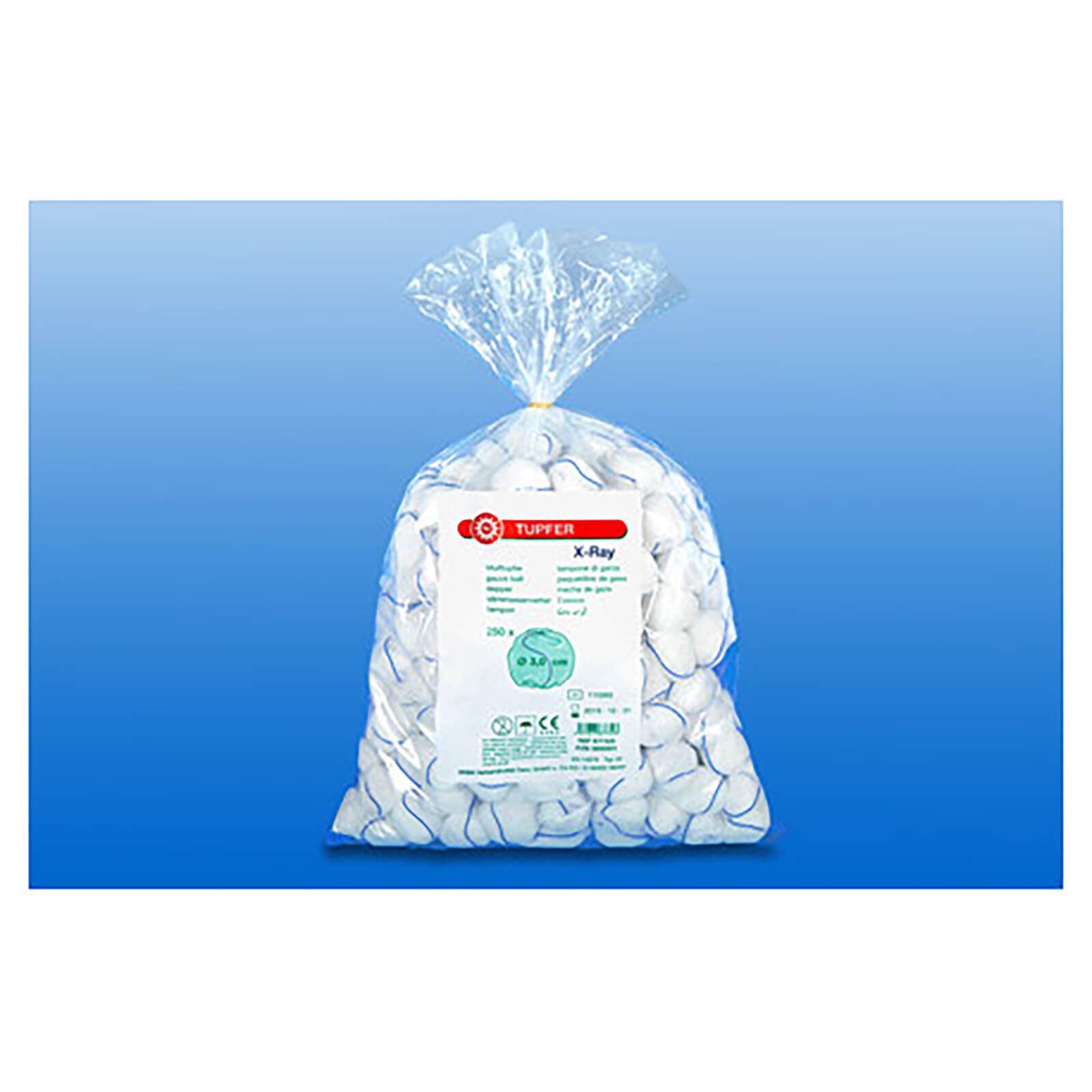 Beutel mit Mulltupfern. Aufdruck mit Produktinformationen, Marke und Zertifizierungen. Transparente Verpackung.