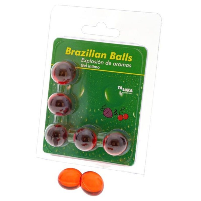 Blisterpackung mit sechs runden, roten Kugeln. Aufschrift: Brazilian Balls, Explosion de aromas, Gel intimo. Marke: Taloka.