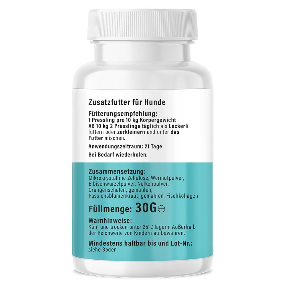 Weiße Tablettenflasche mit blauem Etikett. Text: Zusatzfutter für Hunde, Inhaltsstoffe, Füllmenge 30gE. Warnhinweise.