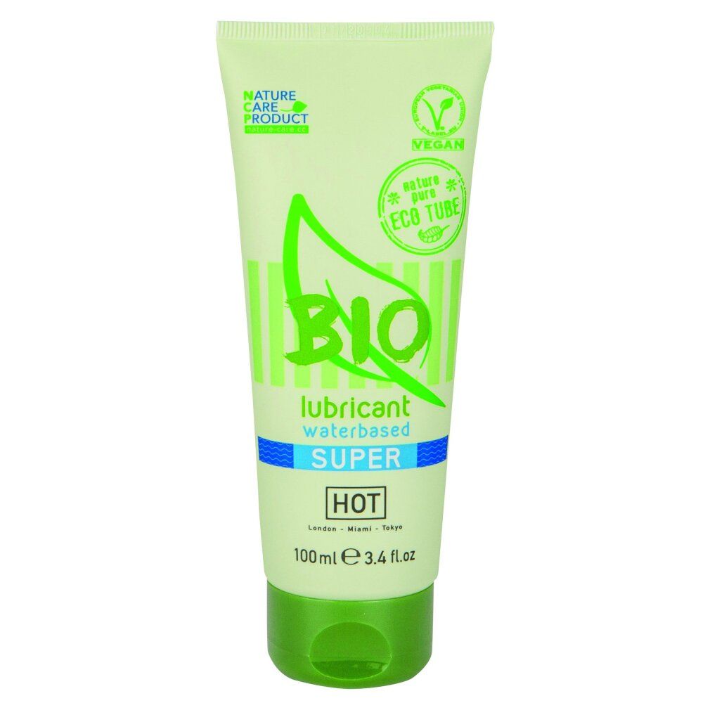 Tube mit grünem Deckel. Aufschrift "BIO lubricant waterbased SUPER HOT". Vegan-Logo. 100ml.