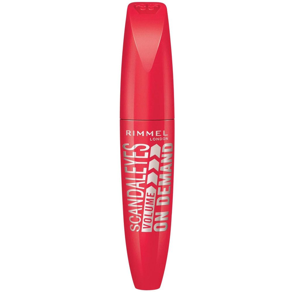 Roter Mascarabehälter. Text: Rimmel London, Scandaleyes Volume On Demand. Schwarze Mascara-Bürste.