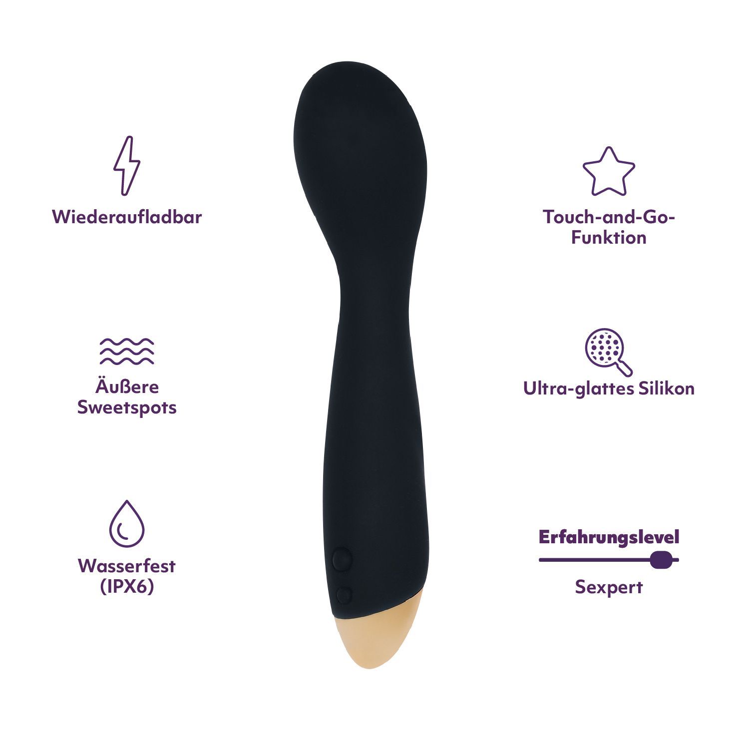 Schwarzer Massagestab mit goldfarbenem Akzent. Text: Wiederaufladbar, Äußere Sweetspots, Wasserfest (IPX6), Touch-and-Go-Funktion, Ultra-glattes Silikon, Erfahrungslevel: Sexpert.