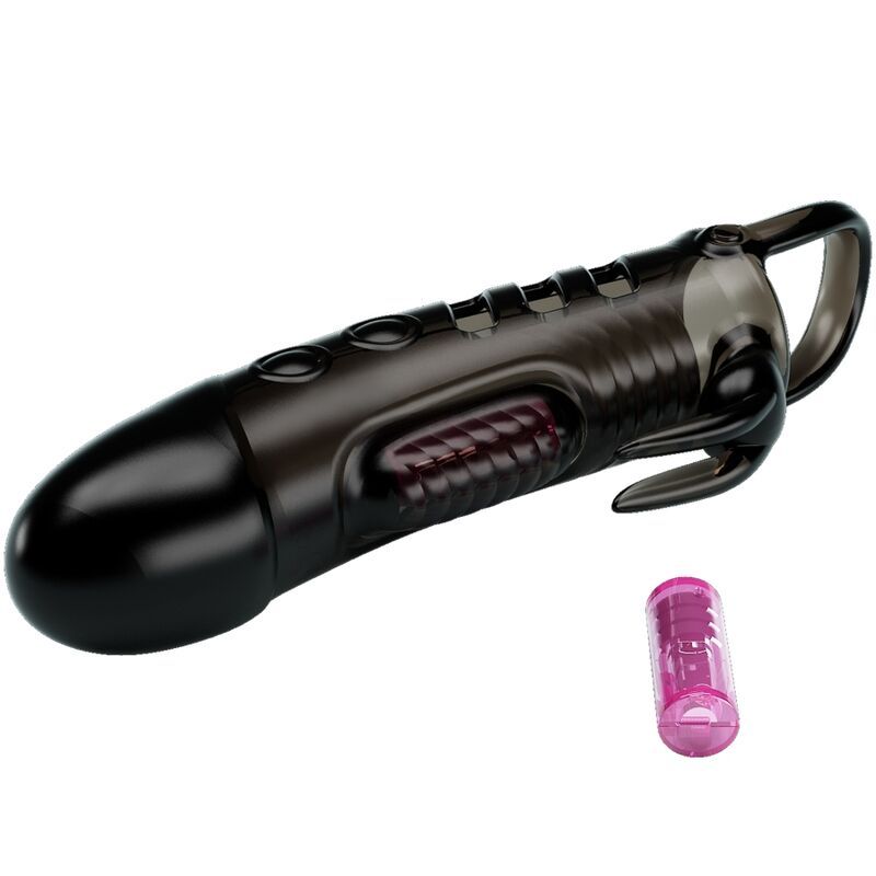 Schwarze Penishülle mit Rabbit Vibrator und rosa Einsatz. Transparente Halterung.