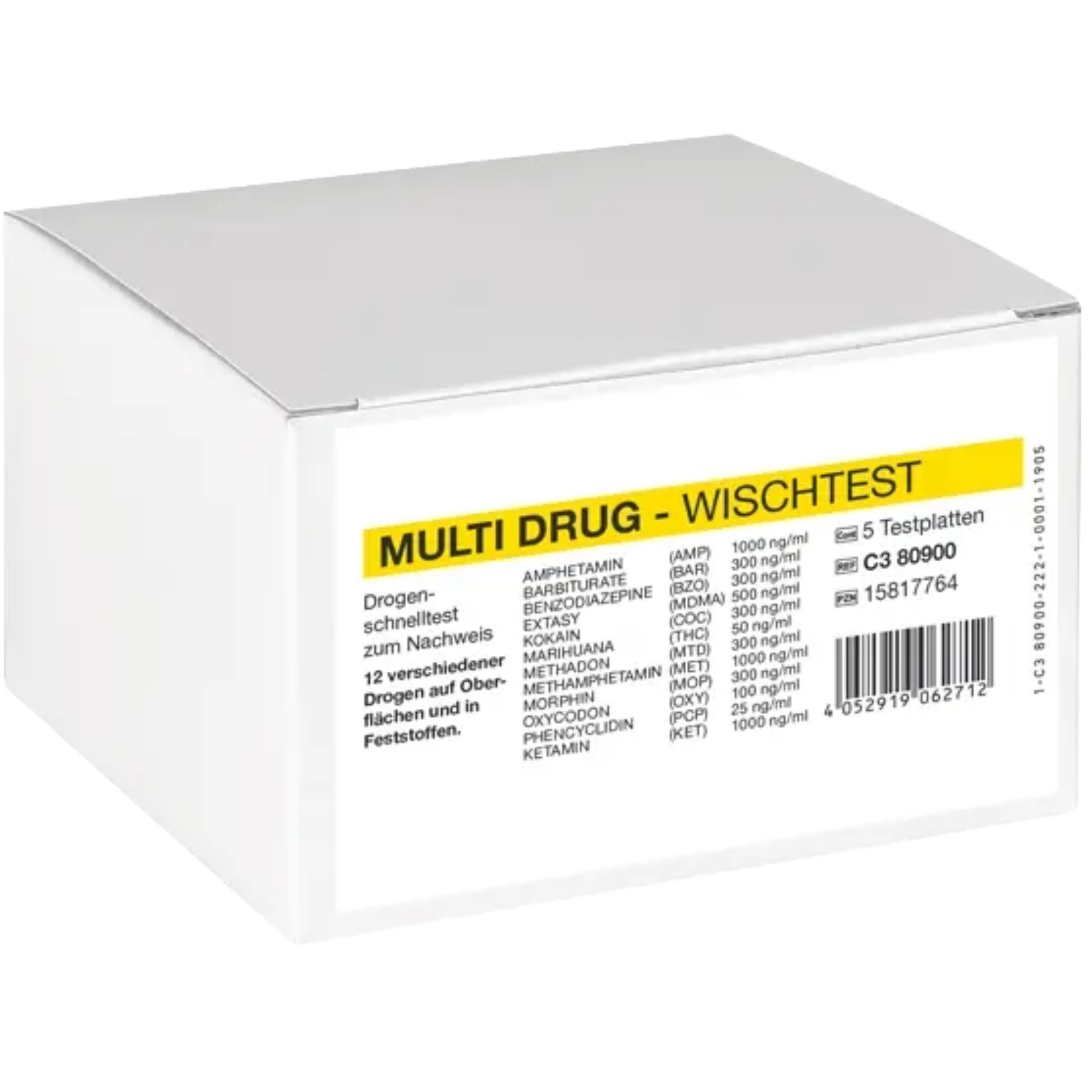 Verpackung von CLEARTEST Multi Drug Wischtest. Enthält 5 Testplatten. Aufschrift: Multi Drug - Wischtest, 12 Drogen auf Oberflächen.