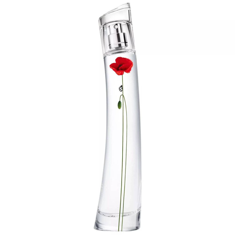 Glasflakon mit roter Mohnblume. Aufschrift: Flower by Kenzo.