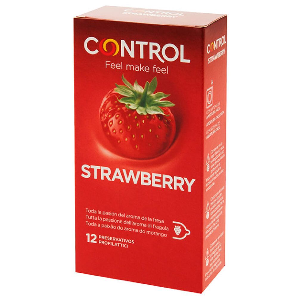 Rote Schachtel mit Erdbeere-Abbildung. Aufschrift 'CONTROL' und 'STRAWBERRY'. Enthält 12 Kondome.