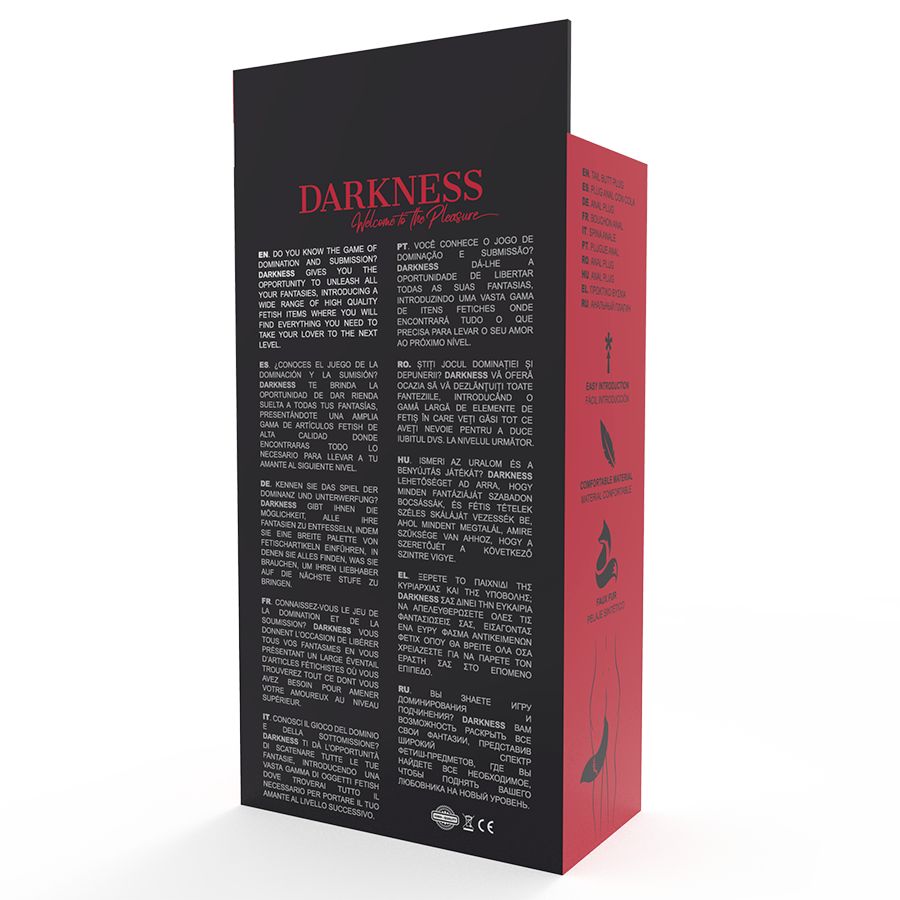 Rückseite der Verpackung. Text: DARKNESS. Mehrsprachiger Text. Rote und schwarze Farbgebung.