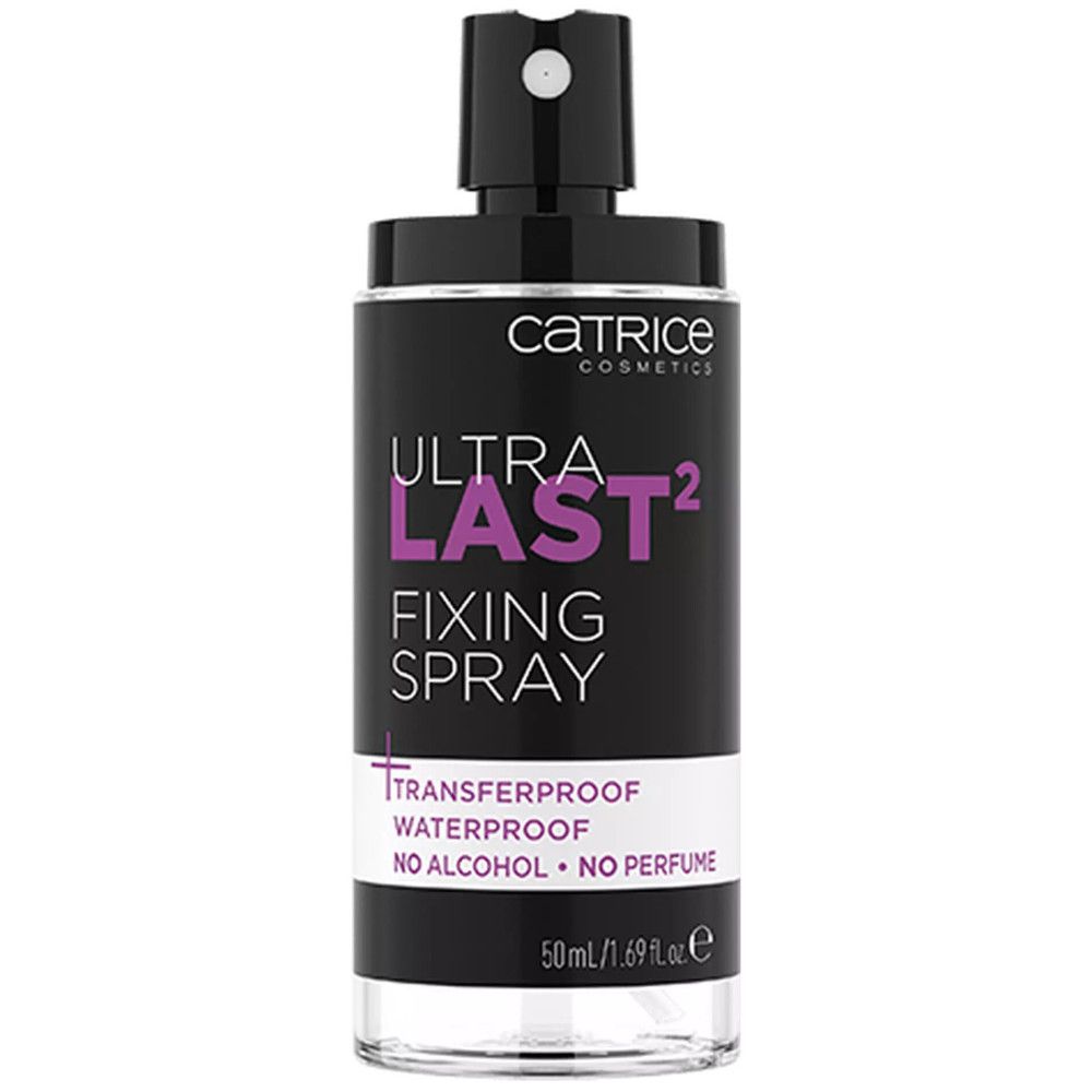 Catrice Ultra Last2 Fixierspray. Schwarze Flasche mit Sprühkopf. Text: Ultra Last2 Fixing Spray, Transferproof, Waterproof, No Alcohol, No Perfume. 50ml.