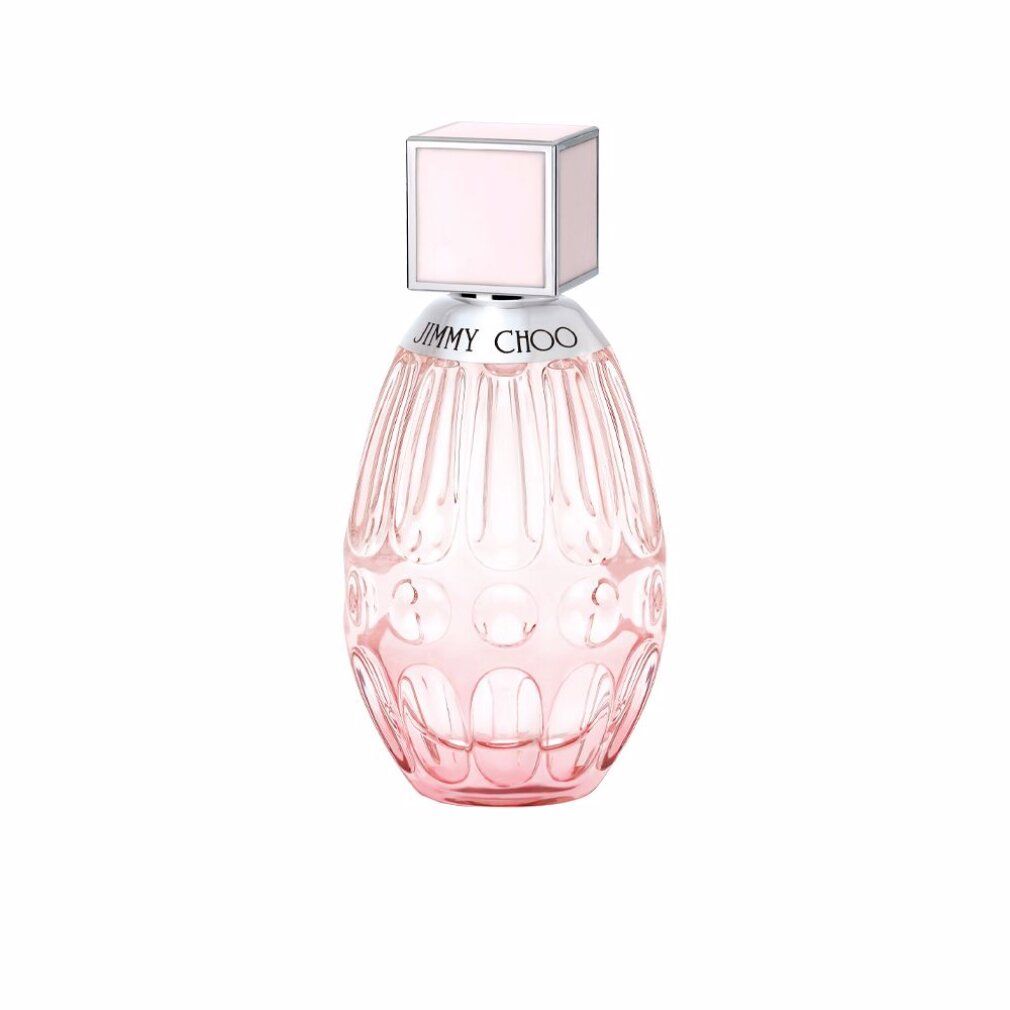 Rosa Glasflakon mit silbernem Hals und quadratischem Deckel. Aufschrift: JIMMY CHOO.