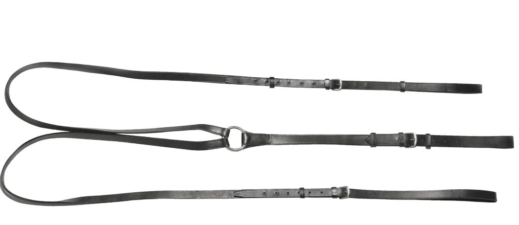 Schwarzer Dreieckszügel aus Leder mit Schnallen und Metallringen. Liegt flach.