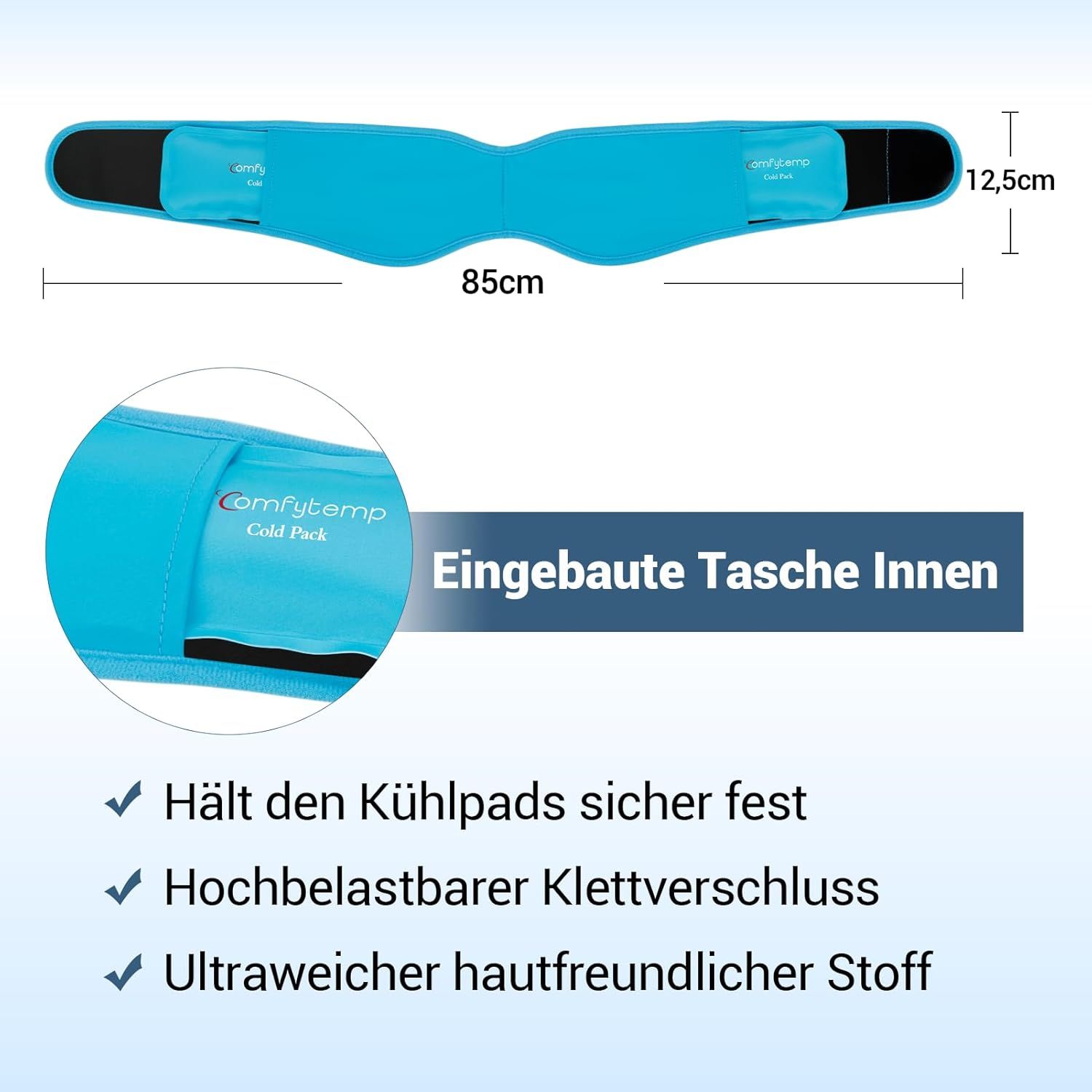 Blaue Bandage, 85x12,5 cm, mit Innentasche für Kühlpacks und Klettverschluss.