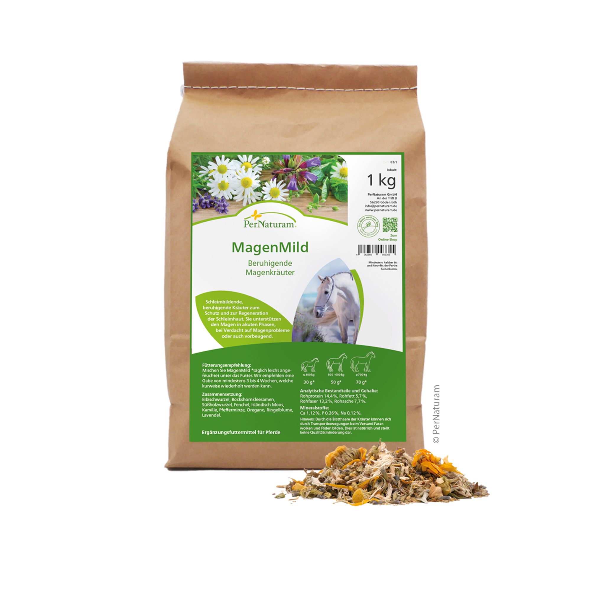 Braune Papiertüte mit Produktetikett. Aufschrift: MagenMild, beruhigende Magenkräuter. 1 kg. Kräutermischung für Pferde.