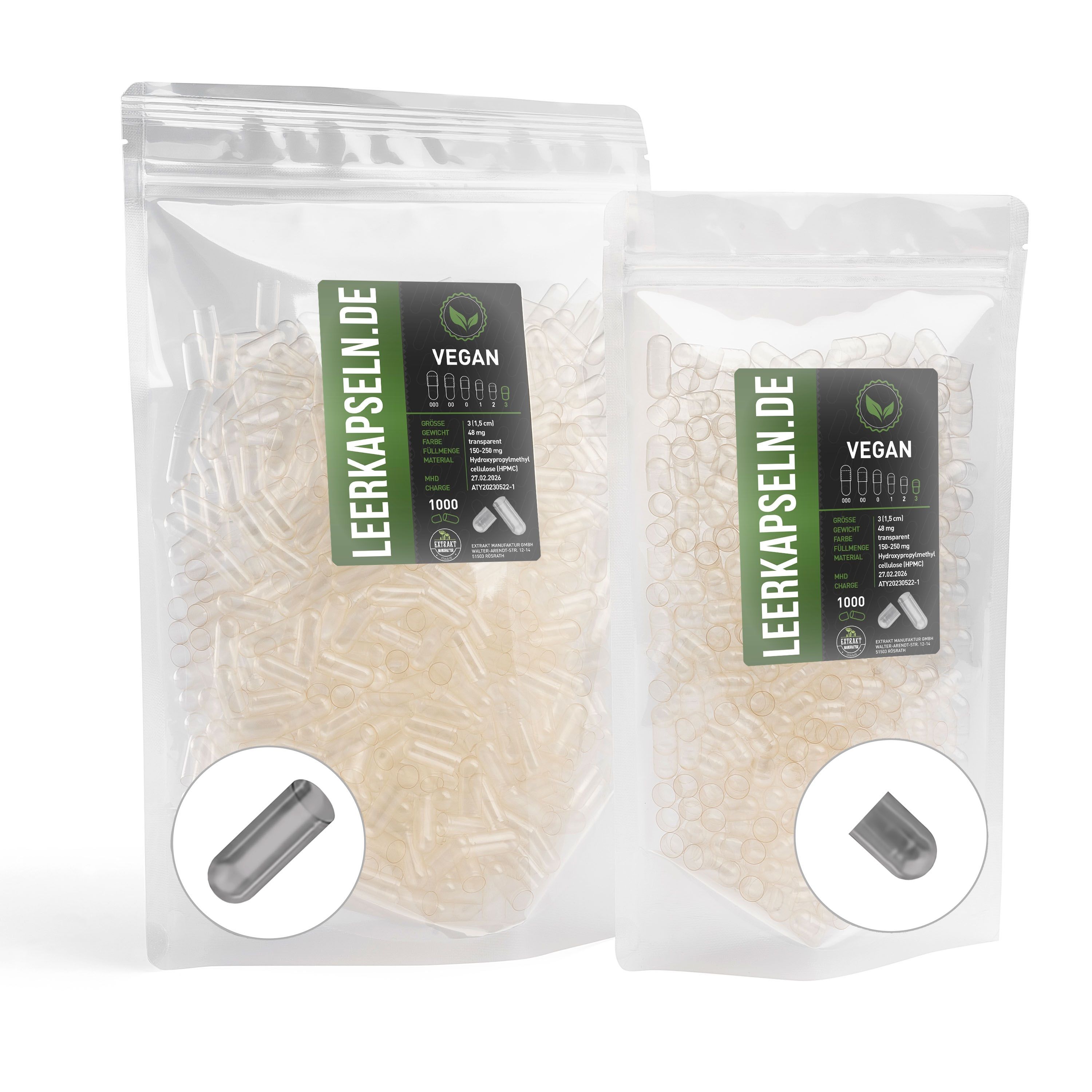 Zwei Beutel mit veganen Leerkapseln. Aufdruck: LEERKAPSELN.DE, Vegan. Abbildung einer Kapsel. Enthält 1000 Kapseln.