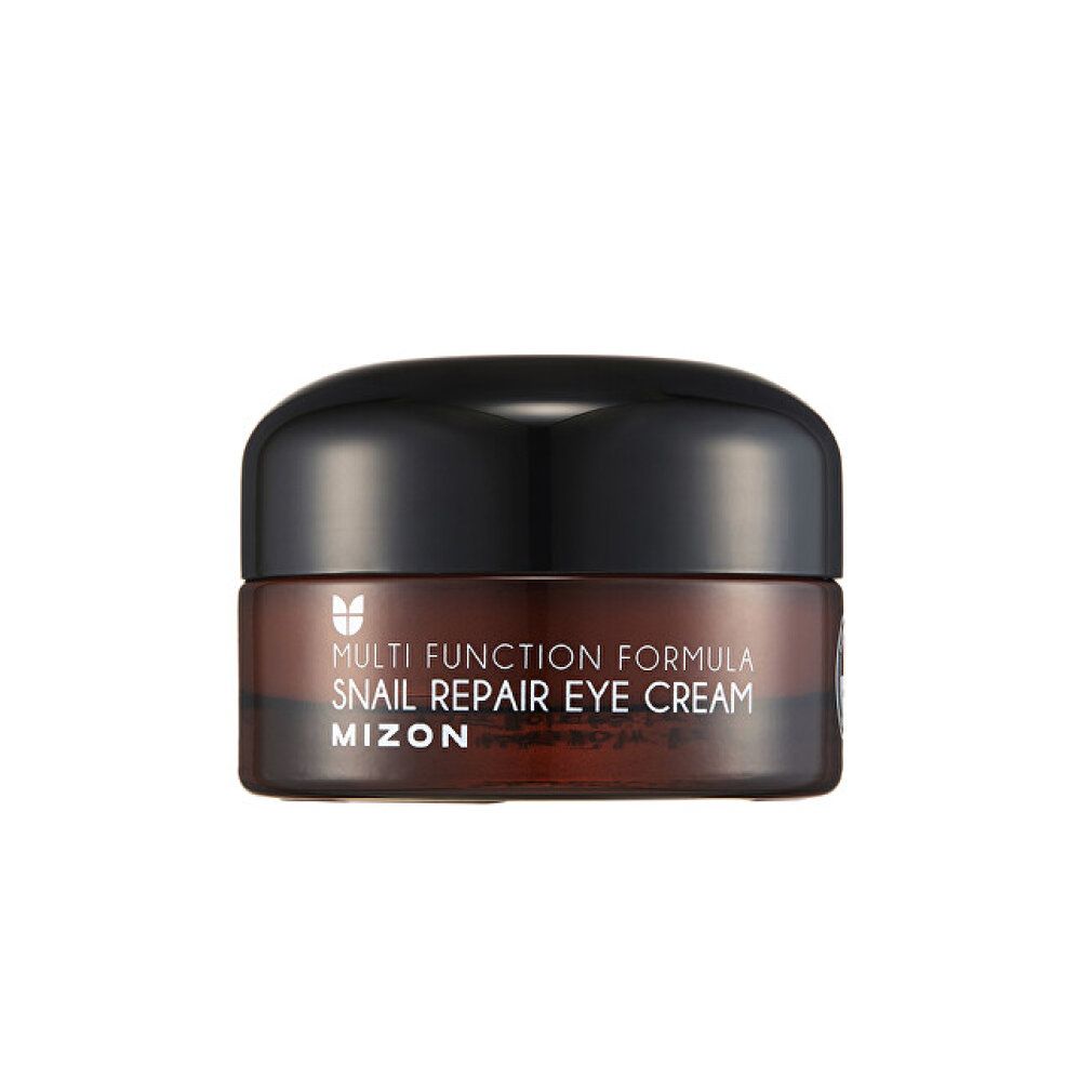 Braune Creme-Dose mit schwarzem Deckel. Aufschrift: MIZON Snail Repair Eye Cream.