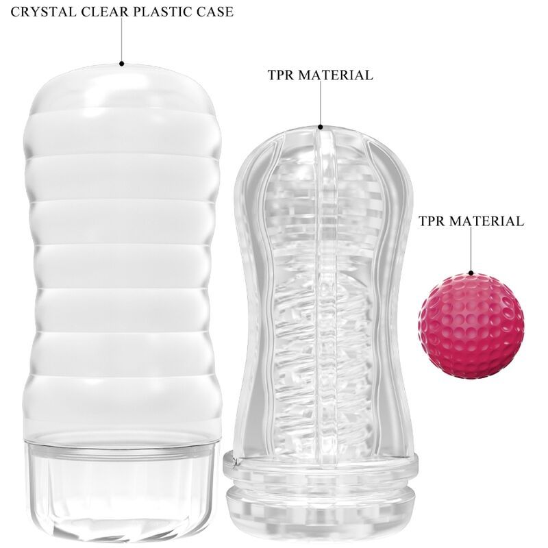 Produktkomponenten: transparentes Gehäuse, pinkfarbene Kugel, schwarzer Boden. Materialbezeichnungen.