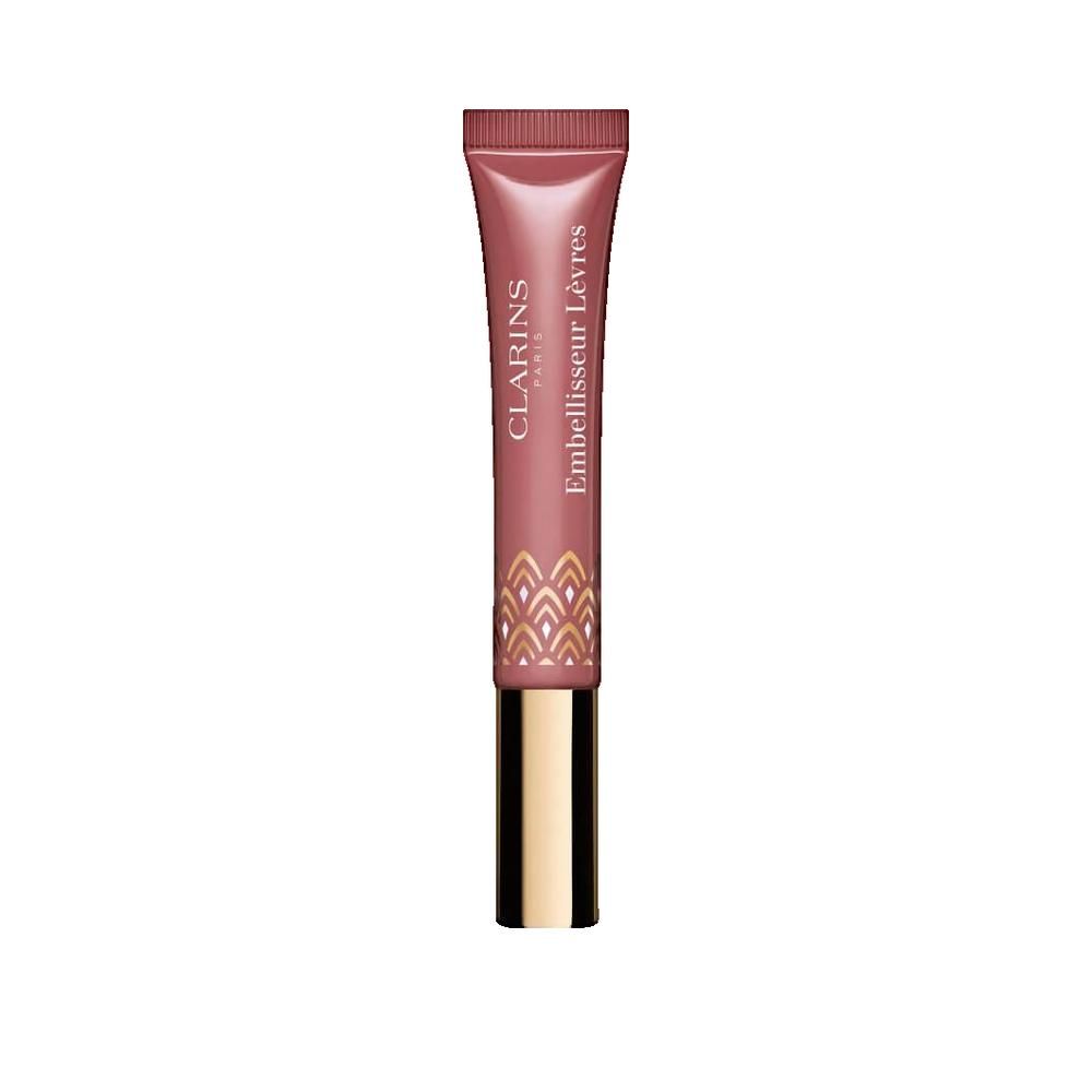 Lippen-Enhancer-Tube. Rosa Tube mit goldenem Applikator. Schriftzug Clarins und Embellisseur Lèvres.