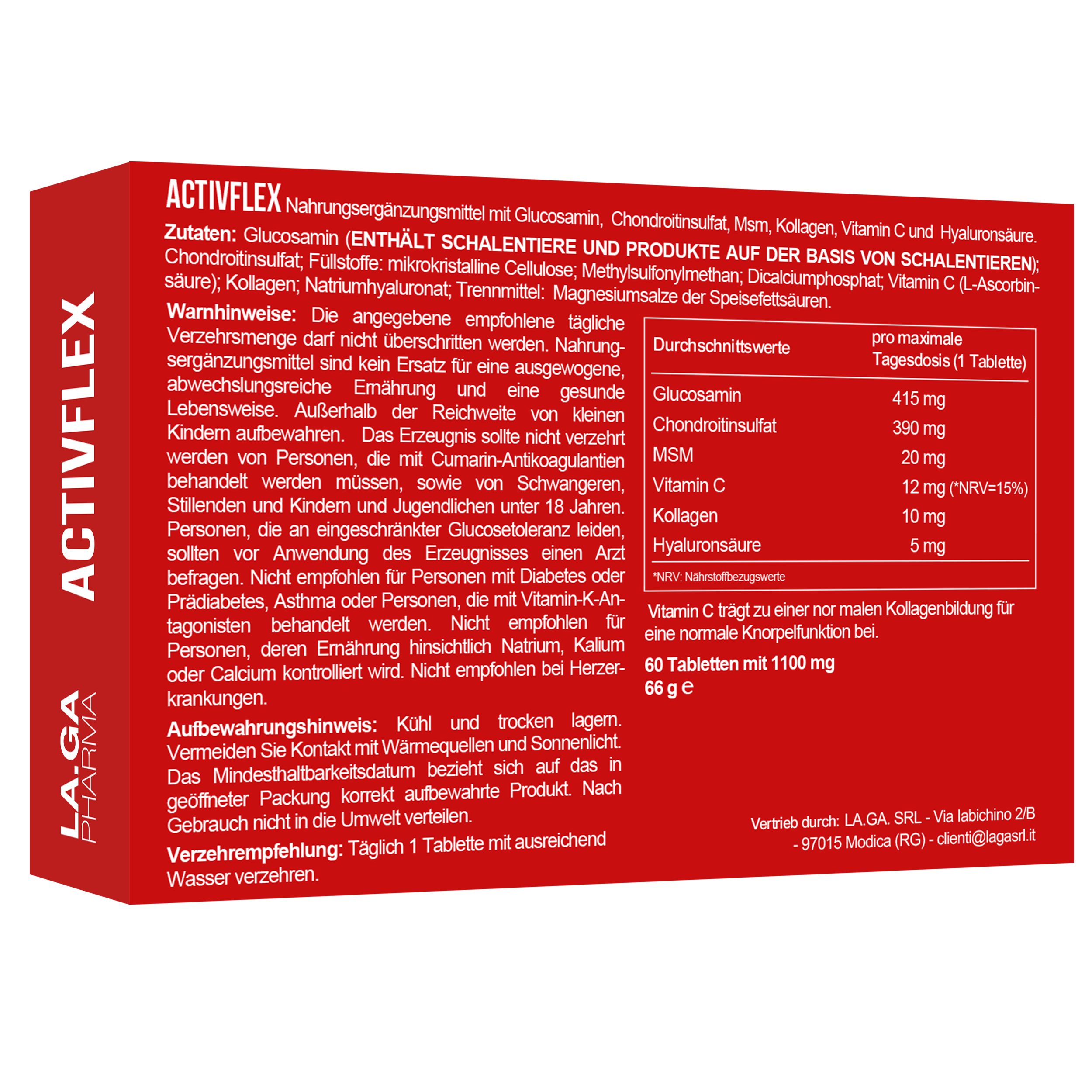 Verpackung von ACTIVFLEX Nahrungsergänzungsmittel mit Glucosamin, Chondroitin, MSM, Vitamin C und Hyaluronsäure. 60 Tabletten.