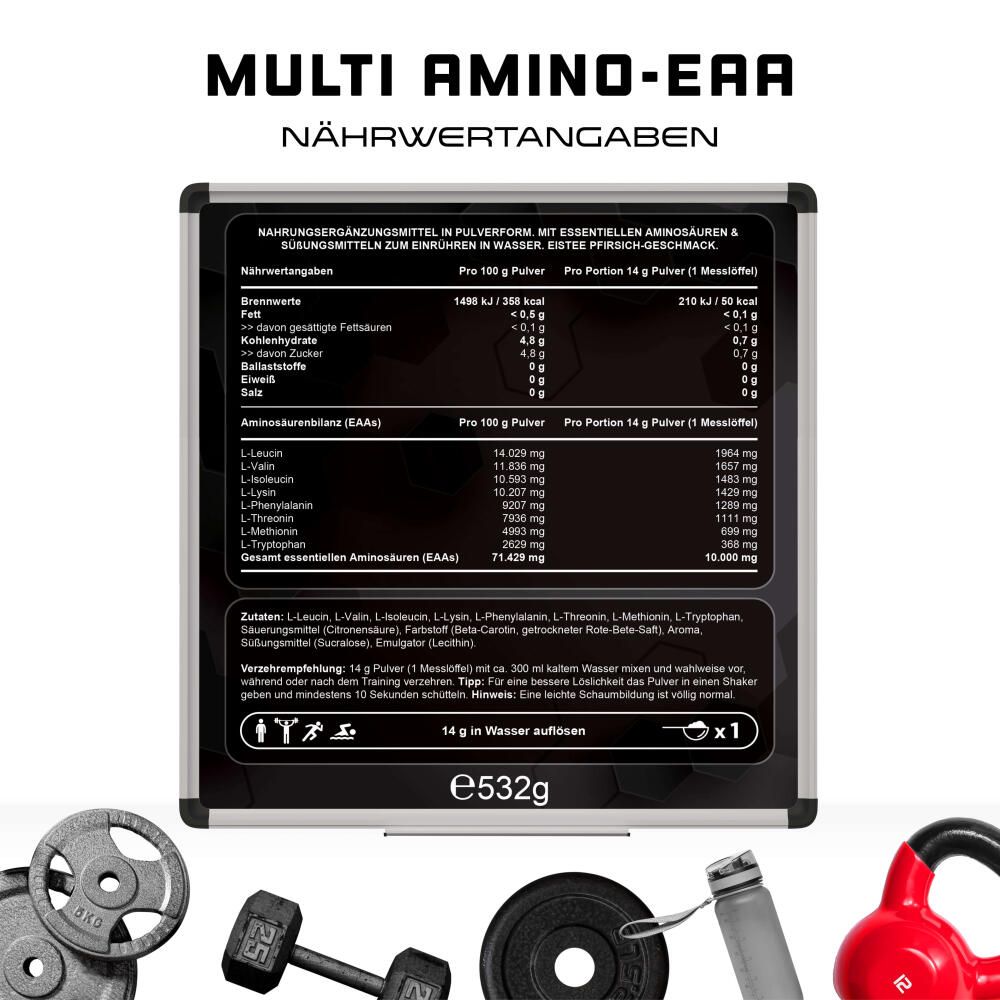 Nährwertangaben von Multi Amino-EAA in Pulverform. Tabelle mit Informationen zu Nährwerten pro 100g und pro Portion.