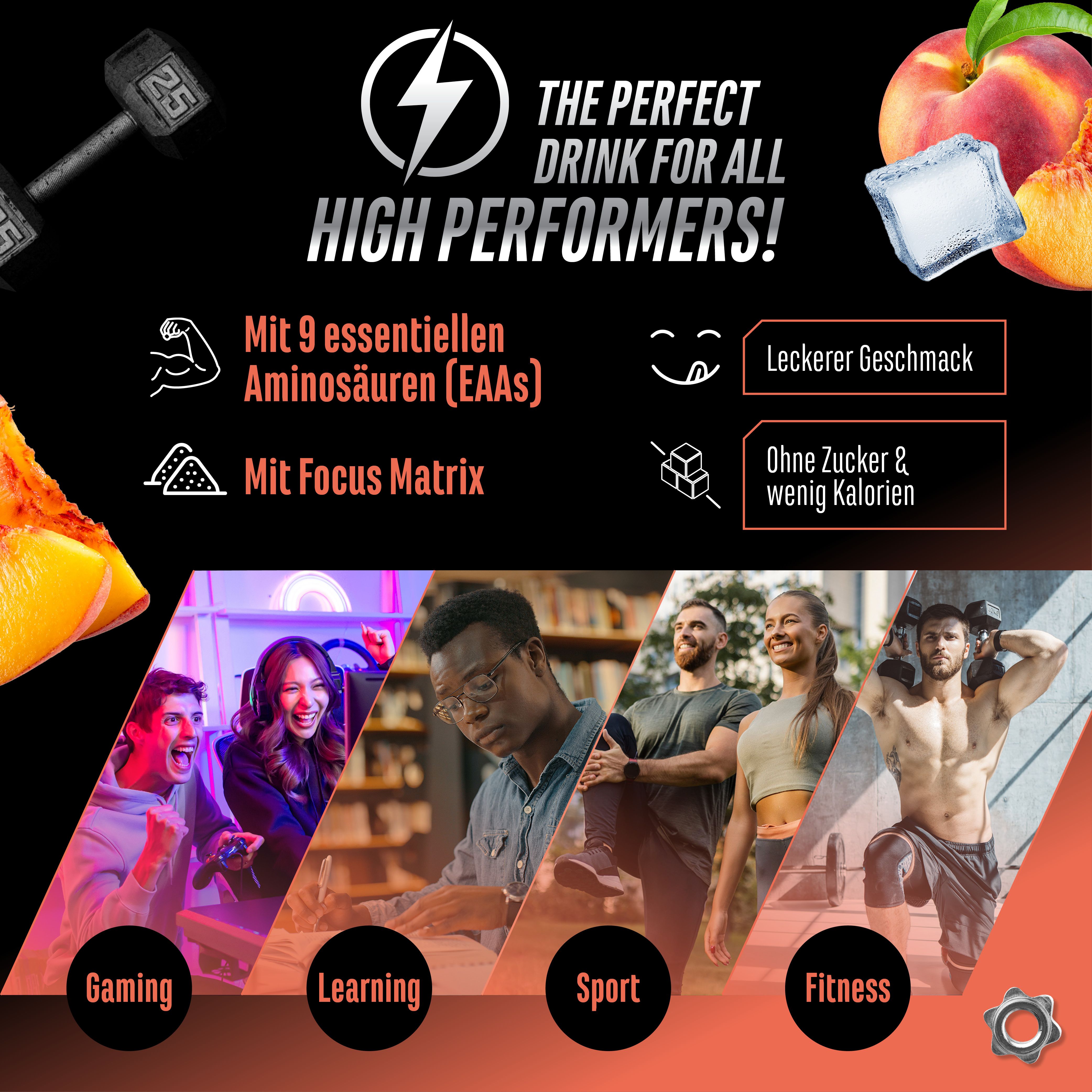 Werbebild mit Menschen in verschiedenen Situationen: Gaming, Lernen, Sport, Fitness. Text: Der perfekte Drink für alle High Performer!