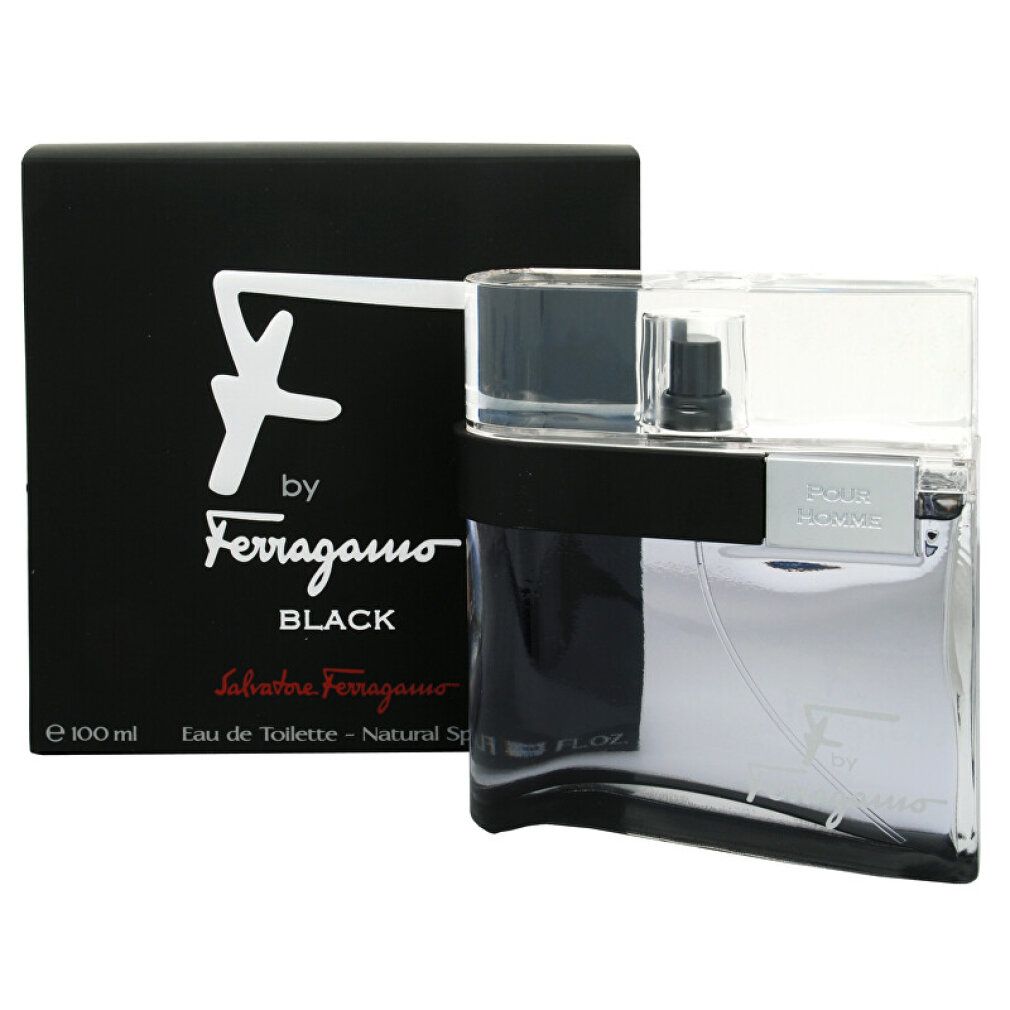 Schwarzer Karton und Flakon. Aufschrift: F by Ferragamo Black. Eau de Toilette. 100 ml.