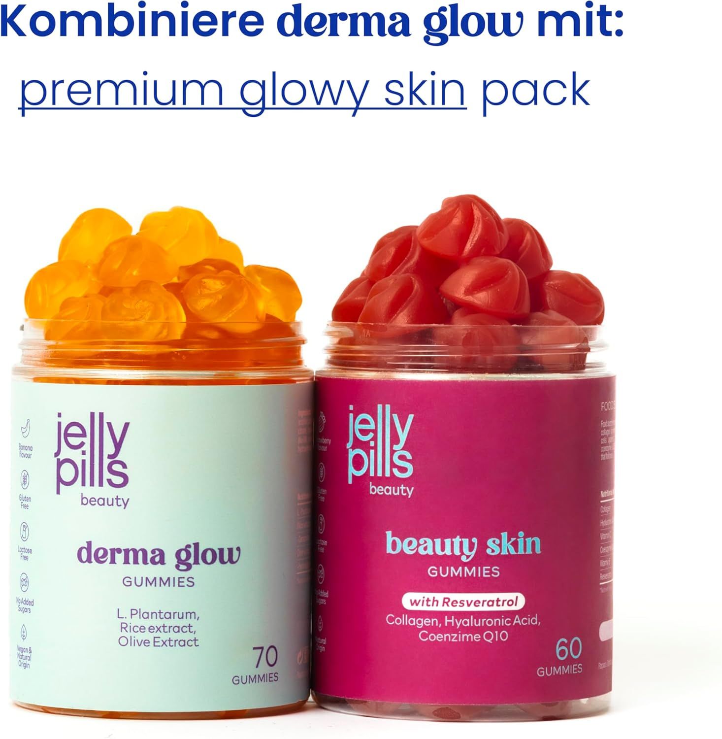 Zwei Dosen "Jelly Pills" Gummies. Links: "Derma Glow", 70 Gummies. Rechts: "Beauty Skin", 60 Gummies. Beide mit Deckel.