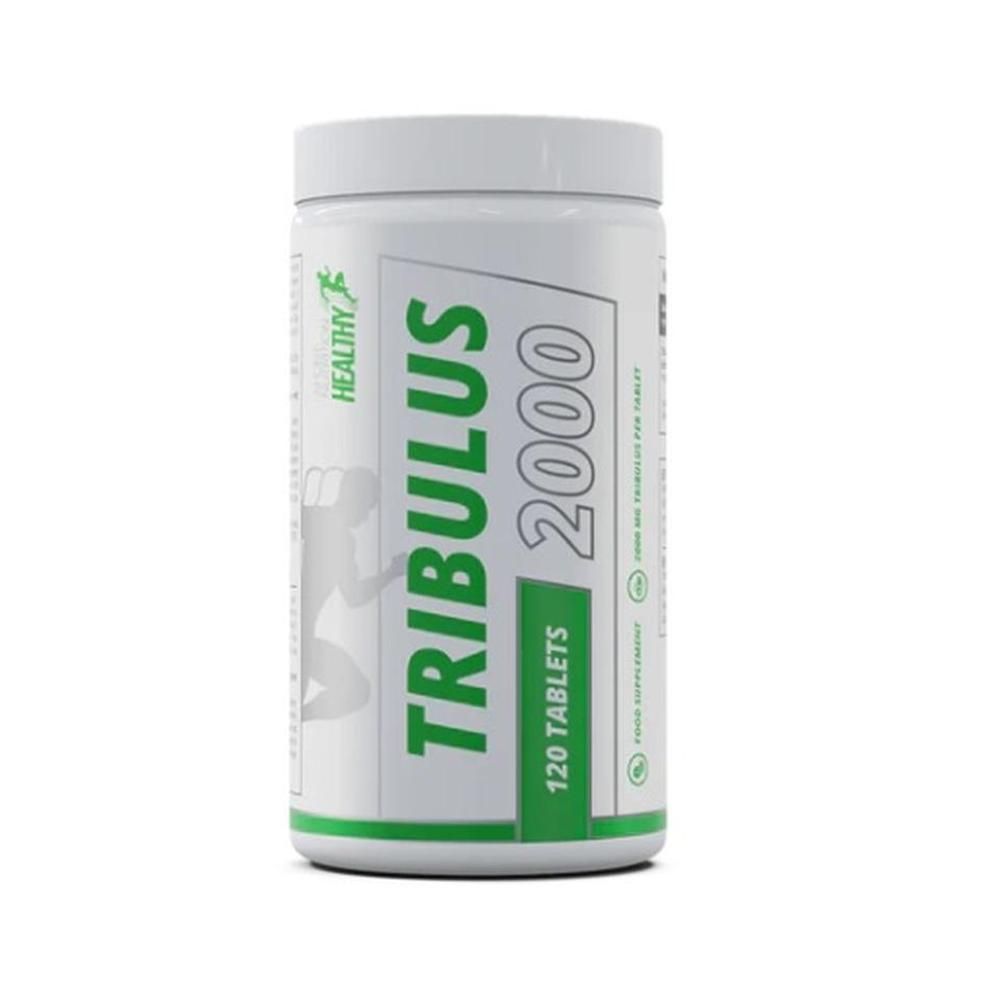 Weiße Dose mit grünem Etikett. Aufschrift: Tribulus 2000, 120 Tabletten. Logo: Healthy. Abbildung einer Person.