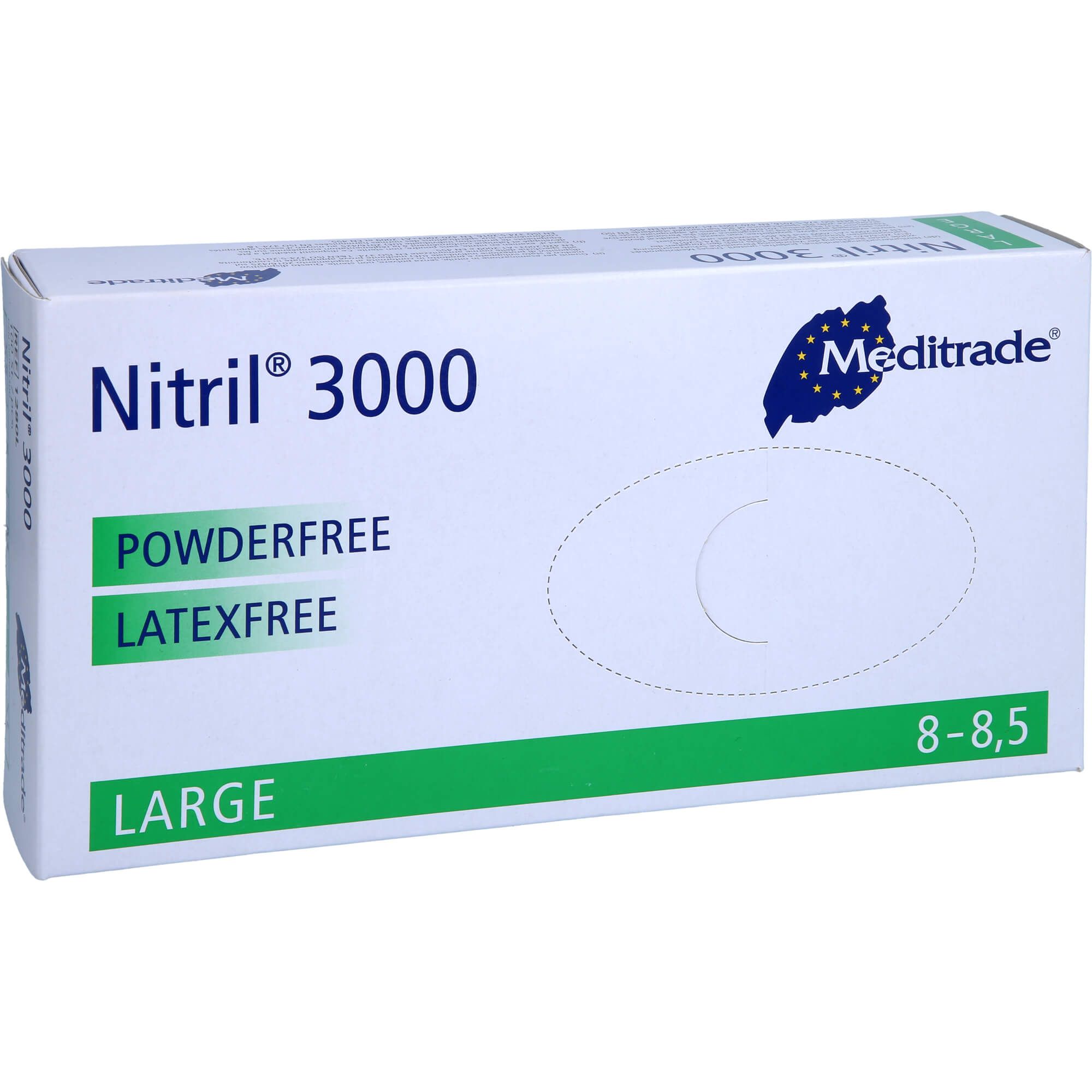 Weißer Karton mit Nitril 3000, Meditrade Logo. Pulverfrei, latexfrei, Größe Large, 8-8,5.