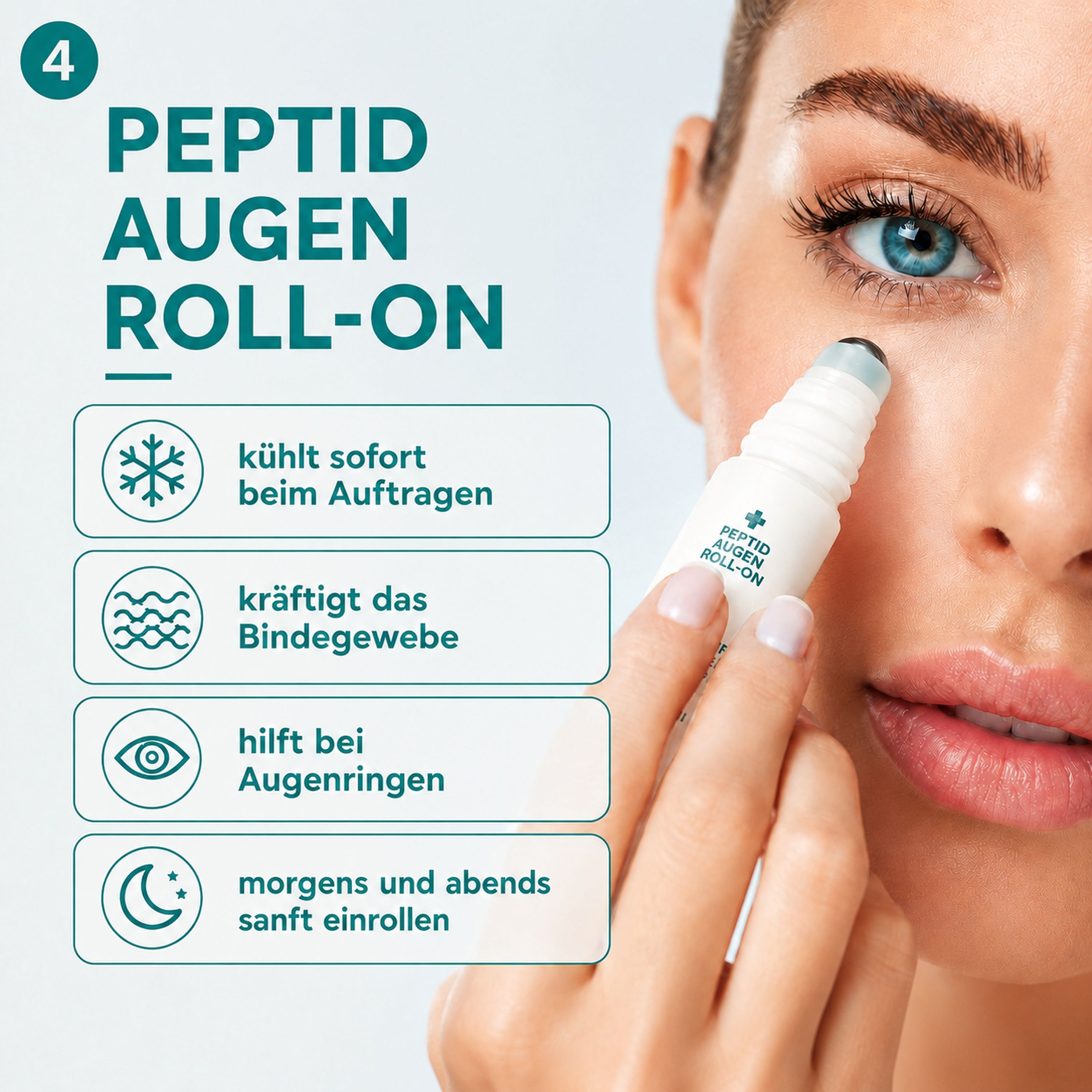 Anwendung eines Peptid Augen Roll-Ons durch eine Frau.