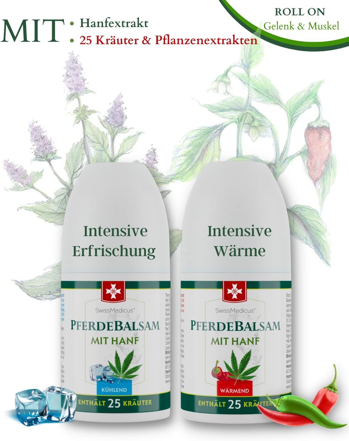 Zwei Roll-on-Flaschen. Text: Pferdebalsam mit Hanf, kühlend und wärmend, enthält 25 Kräuter. Logo: Schweizer Kreuz. Mit Chili und Eiswürfeln.