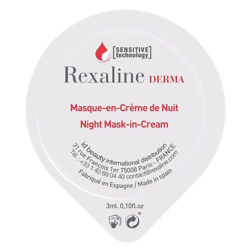 Runder, roter Behälter mit Rexaline Derma. Aufschrift: Masque-en-Crème de Nuit, Night Mask-in-Cream. Enthält 3ml.