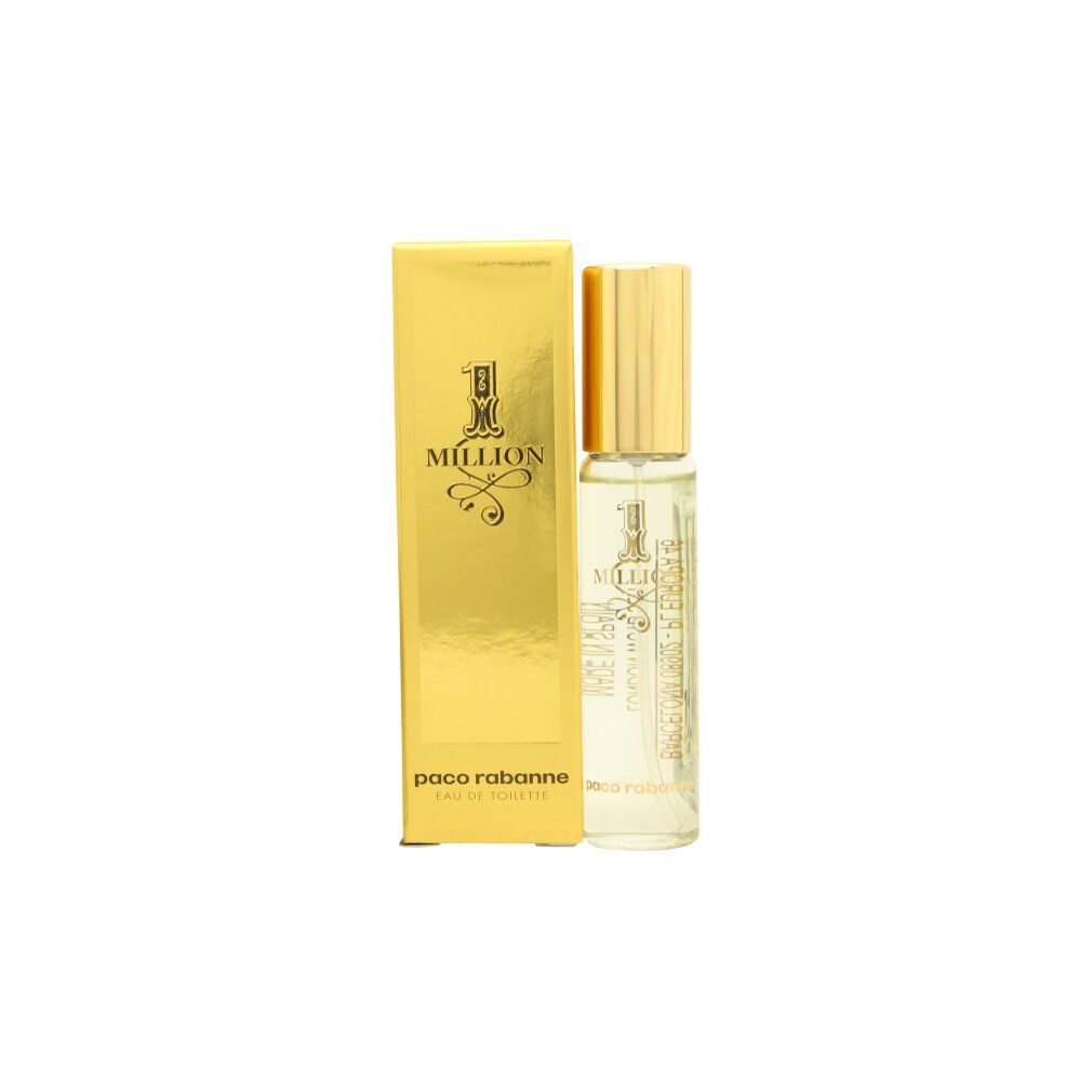 Rabanne 1 Million Eau de Toilette für Herren, 15ml. Flakon und goldene Verpackung mit "1 Million" Logo.