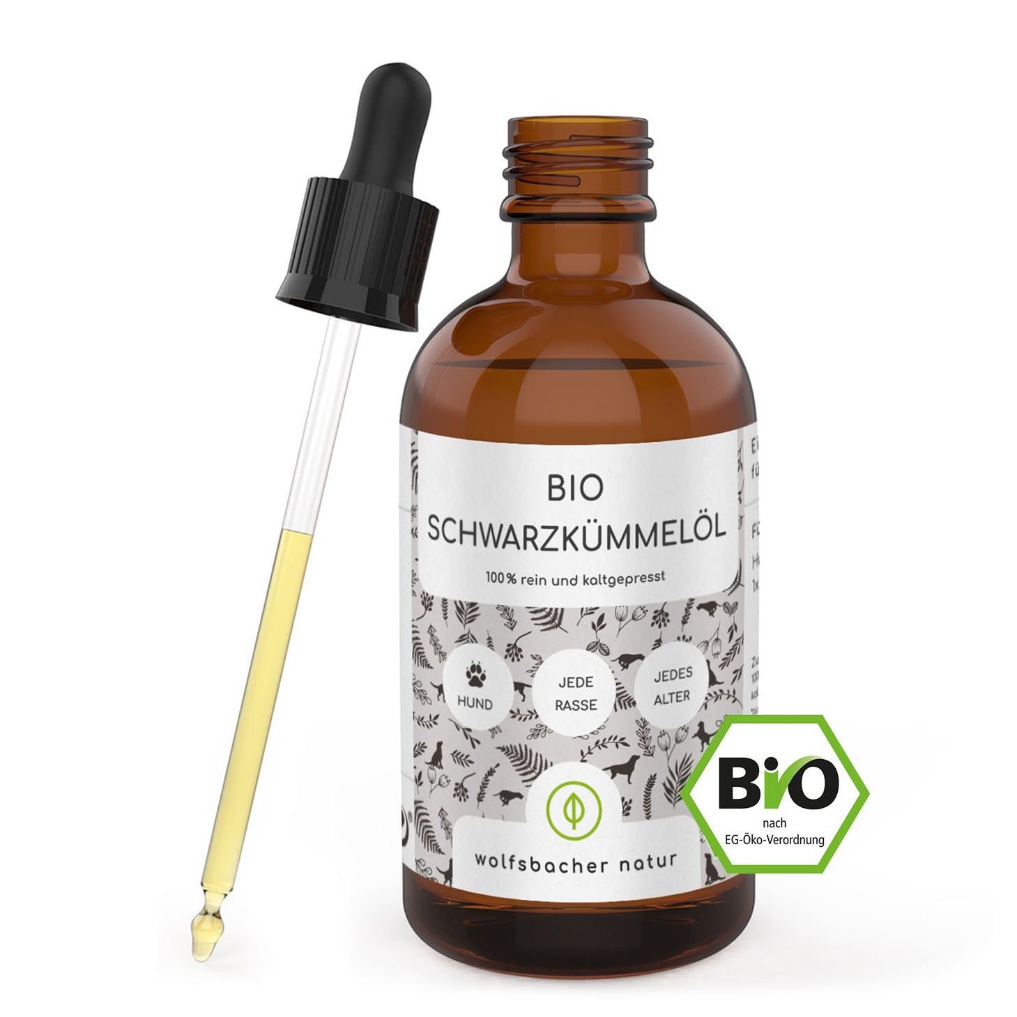 Braune Glasflasche mit Pipette. Etikett mit Text: BIO Schwarzkümmelöl. Bio-Siegel. Tropfen Öl.