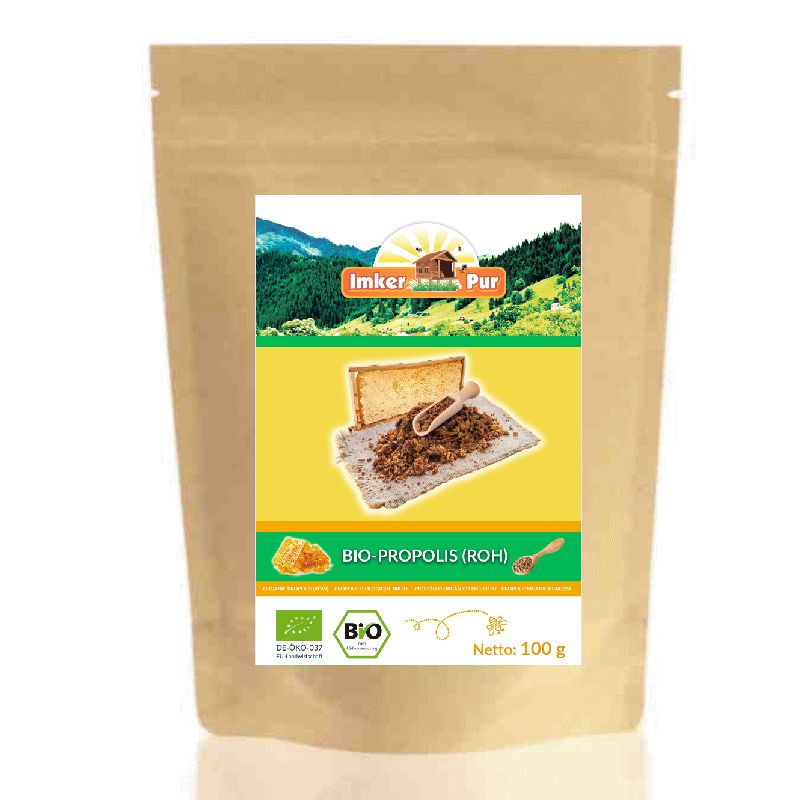 Beutel mit Etikett. Etikett mit Logo, Text "ImkerPur", "BIO-PROPOLIS (ROH)" und Bio-Siegel. Inhalt: 100 g.