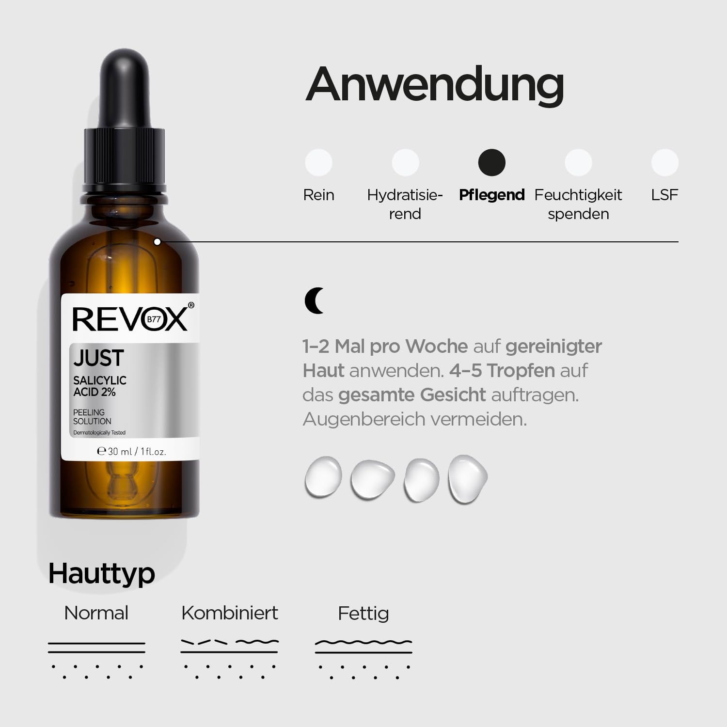 Revox Just Salicylic Acid 2% Peeling Solution: Anwendung und Hauttypen.