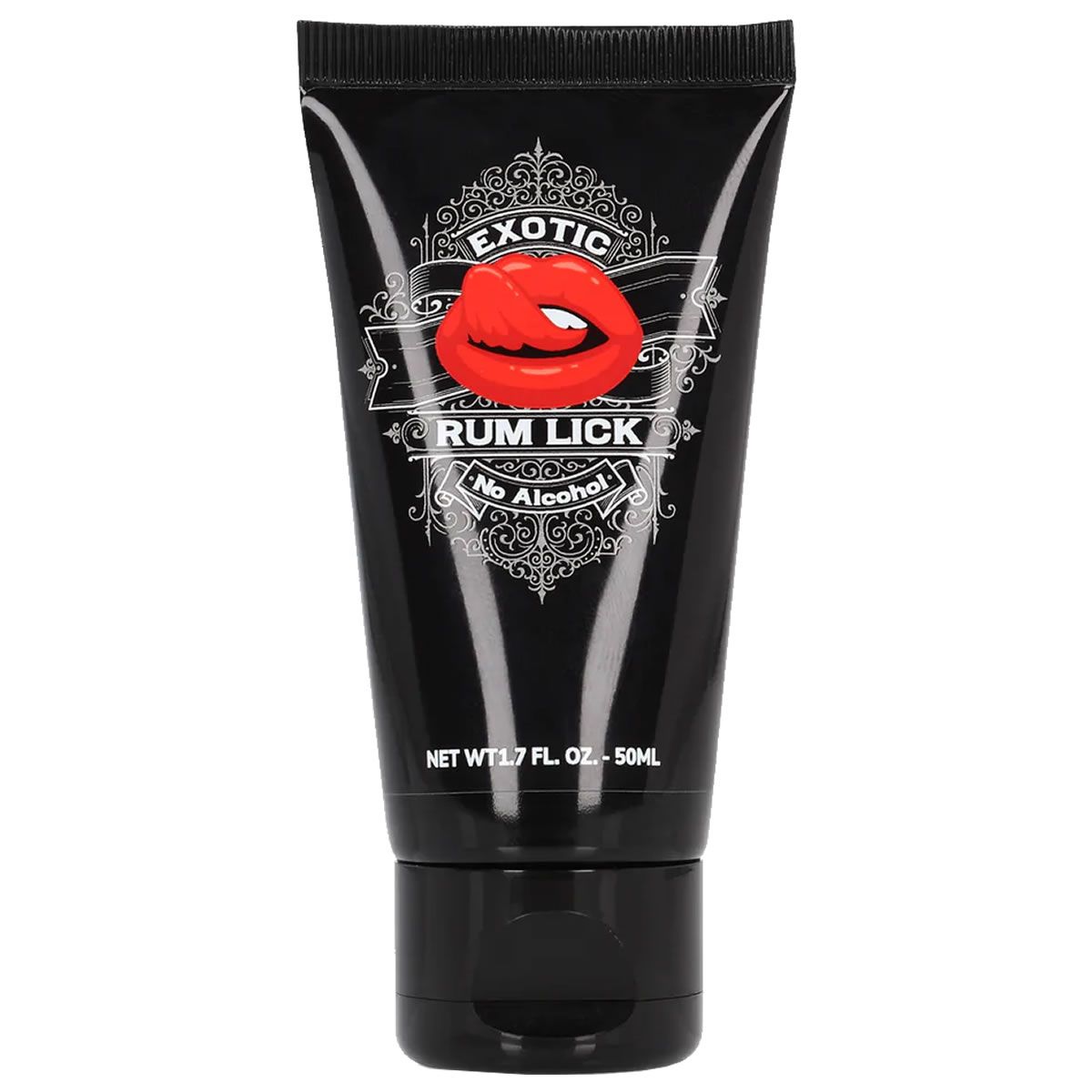 Schwarze Tube mit rotem Lippen-Logo und Schriftzug "EXOTIC RUM LICK". Text: "No Alcohol".