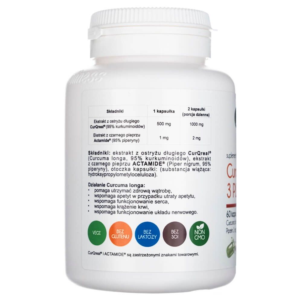 Rückseite einer Aliness Curcumin C3 Complex PLUS Kapseldose mit Inhaltsstoffen und Siegeln.