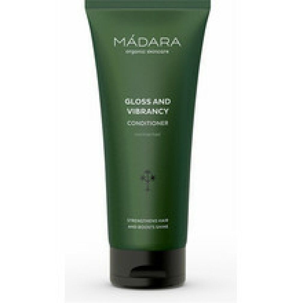 Grüne Tube mit Produktnamen und Schriftzug. Enthält 'Gloss and Vibrancy Conditioner'. Marke: MÁDARA.