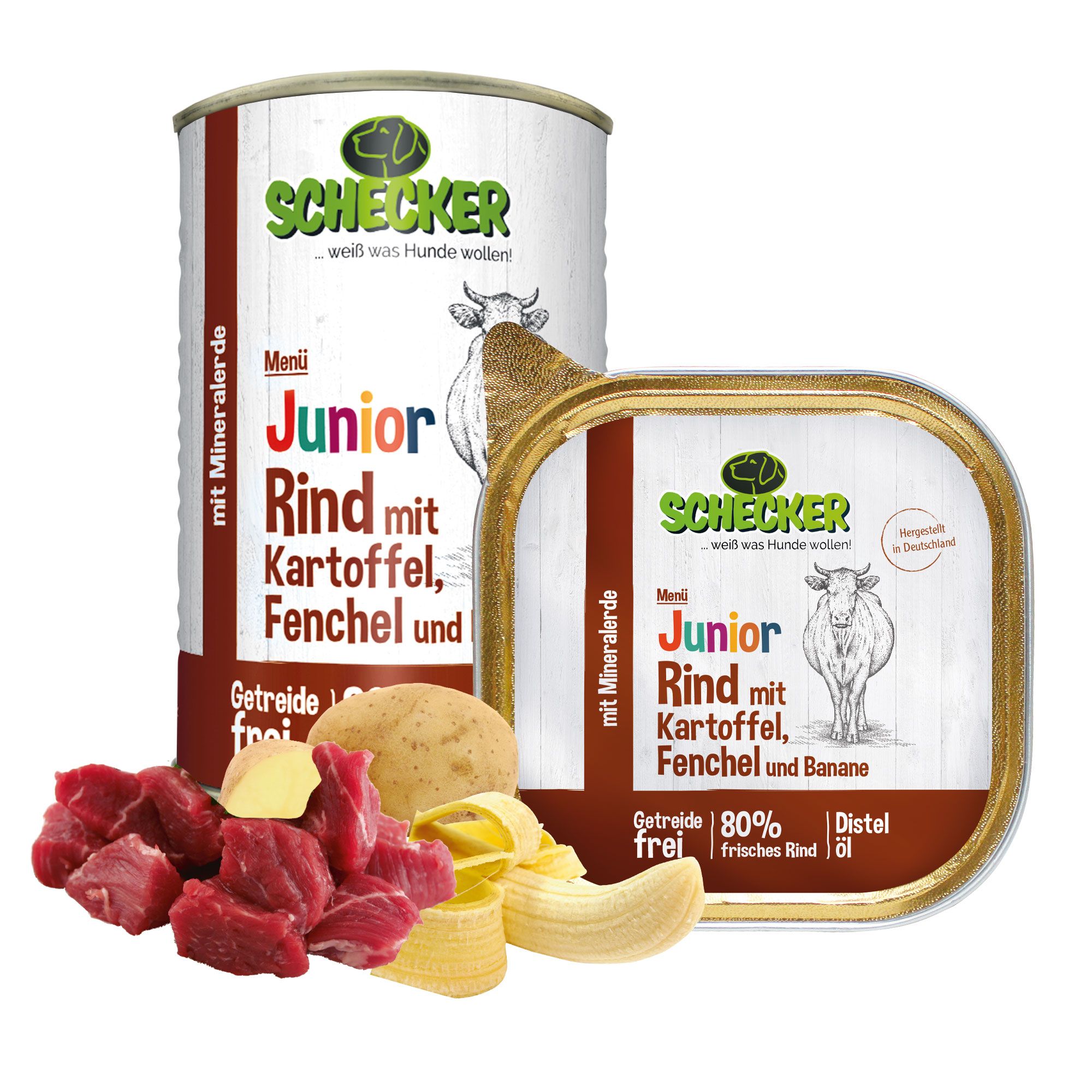 Schecker Nassfutter - Hundemenü - Junior Rind mit Kartoffel, Fenchel und Banane