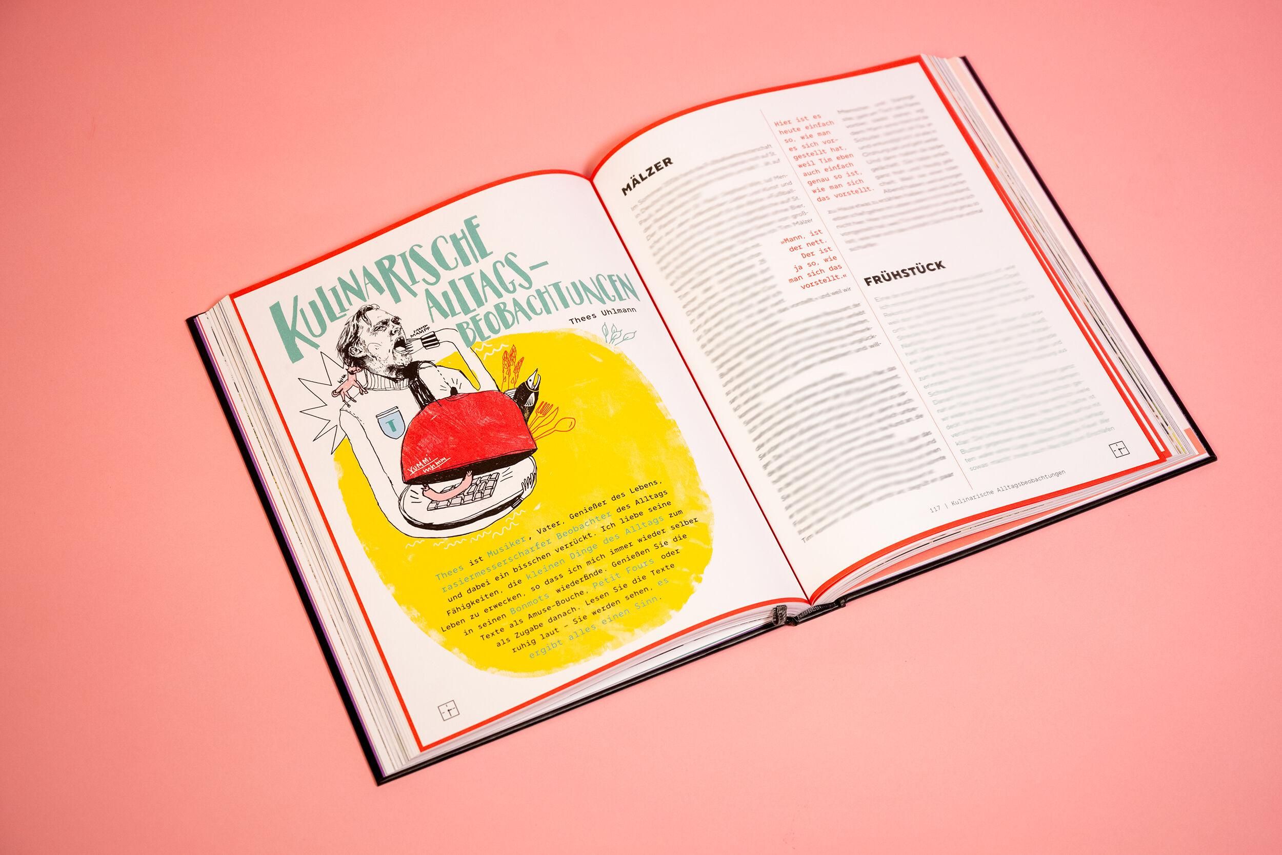Buch aufgeschlagen. Illustrationen und Text. Titel: Kulinarische Alltags-Beobachtungen. Auf rosa Untergrund.