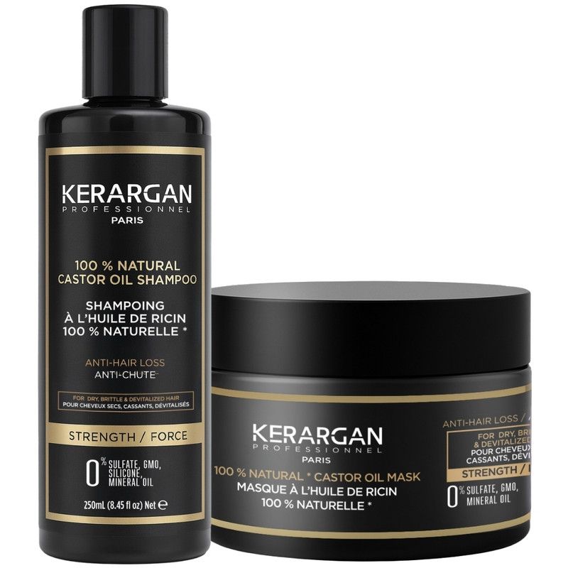 Zwei schwarze Behälter. Links: Shampoo-Flasche mit goldfarbenem Etikett. Rechts: Tiegel mit Maske, ebenfalls mit goldfarbenem Etikett. Beide Produkte tragen den Markennamen.
