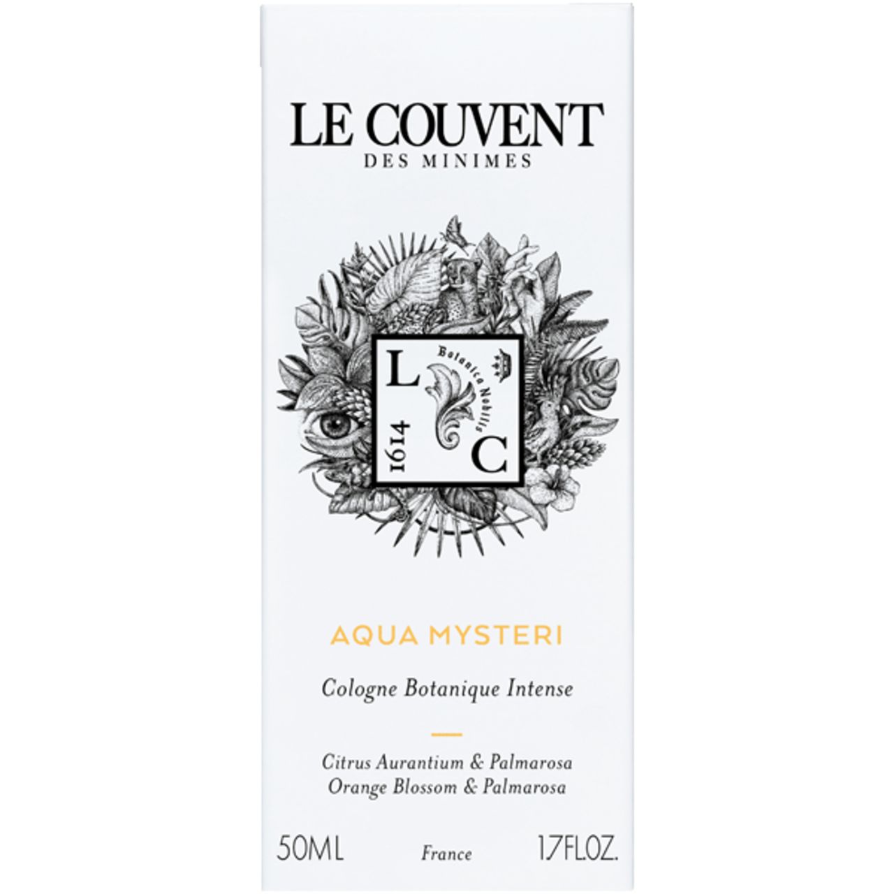 Verpackung. Aufschrift: Le Couvent des Minimes, Aqua Mysteri, Cologne Botanique Intense, 50ml, 1.7 FL.OZ.