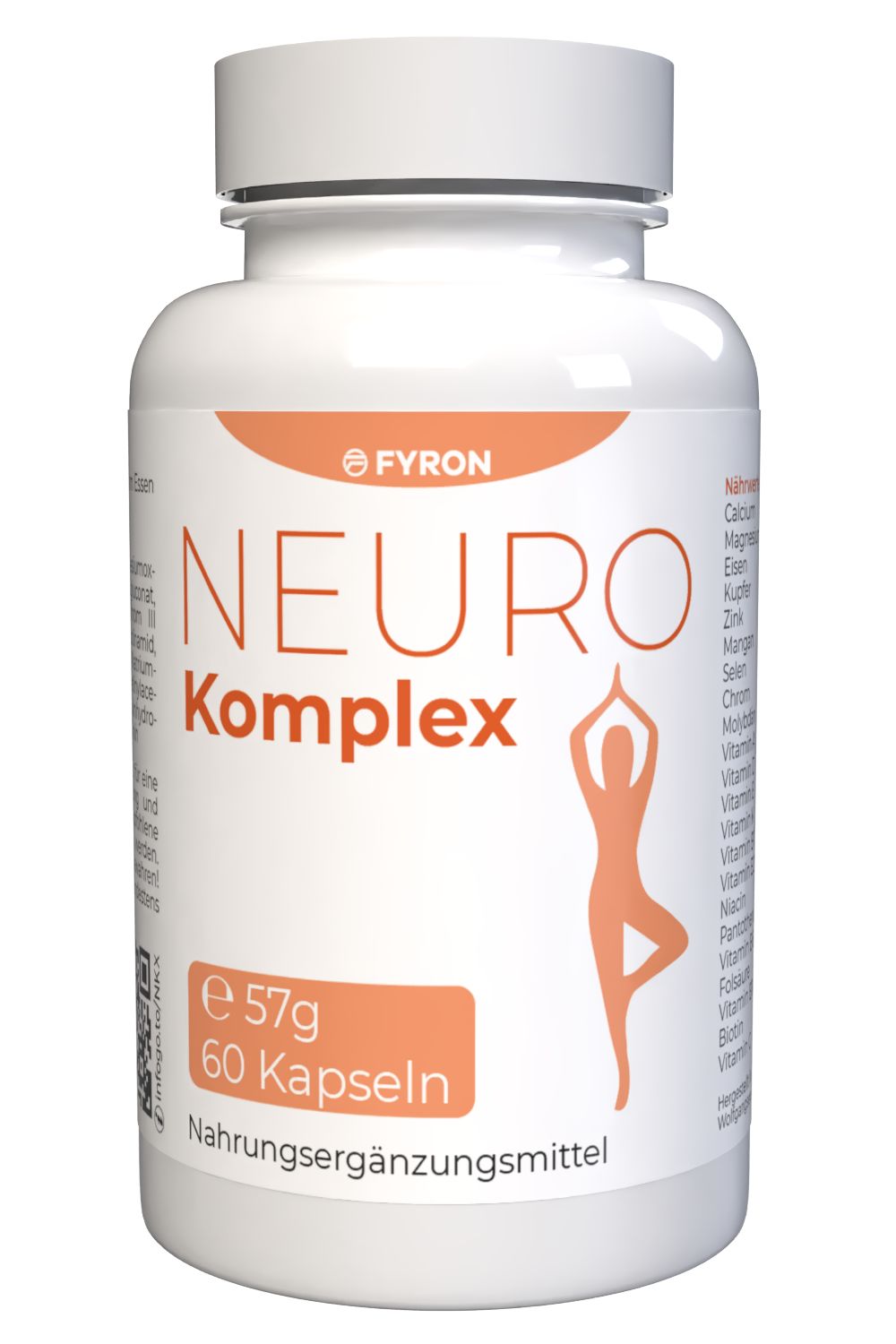Weiße Dose mit "FYRON NEURO Komplex" Aufschrift, 57g, 60 Kapseln.