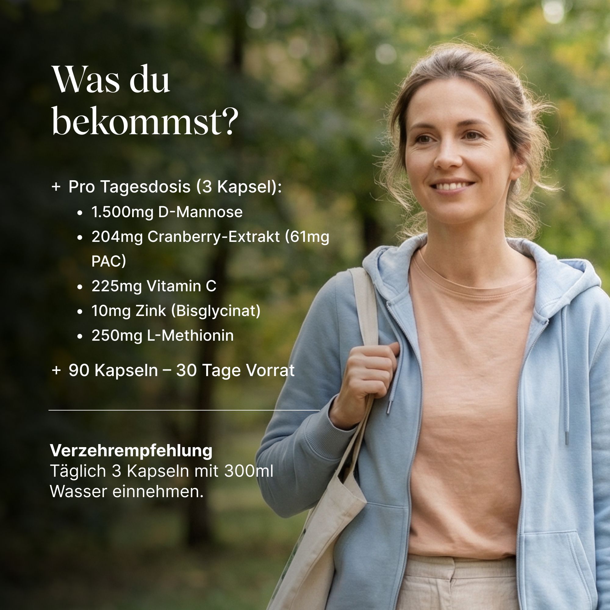 Frau im Freien mit Text über Inhaltsstoffe und Verzehrempfehlung für Kapseln.