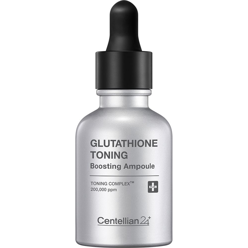 Silberne Ampulle mit Pipette: "Glutathione Toning Boosting Ampoule", "Toning Complex 200,000 ppm", "Centellian 24".
