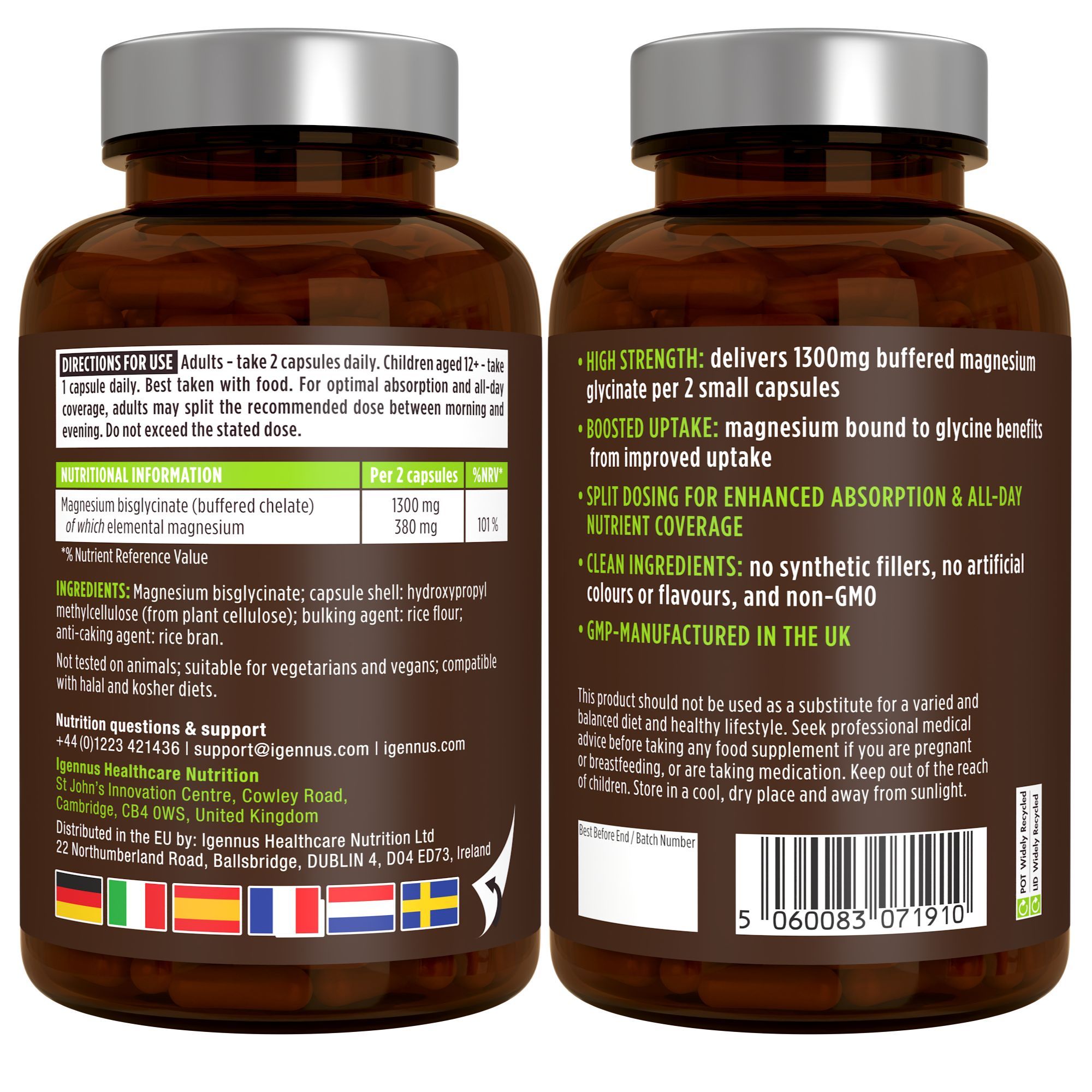Igennus Magnesium Bisglycinat Gepuffert & Chelatiert, 380mg Elementares Hochdosiertes, Clean Label
