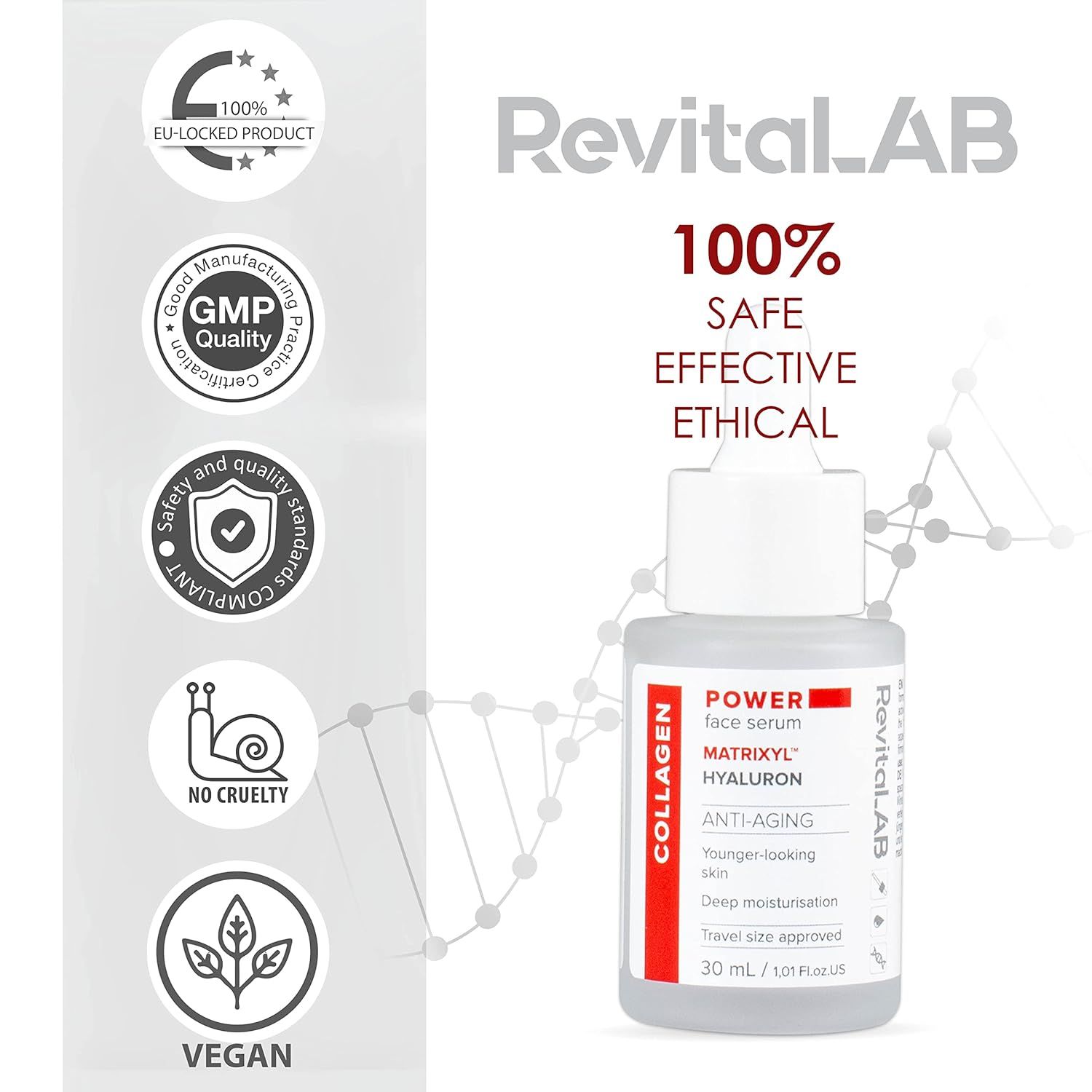 Serumflasche mit Spender. Aufschrift: POWER face serum, Collagen, Matrixyl, Hyaluron. Logos: EU-Locked Product, GMP, Vegan.