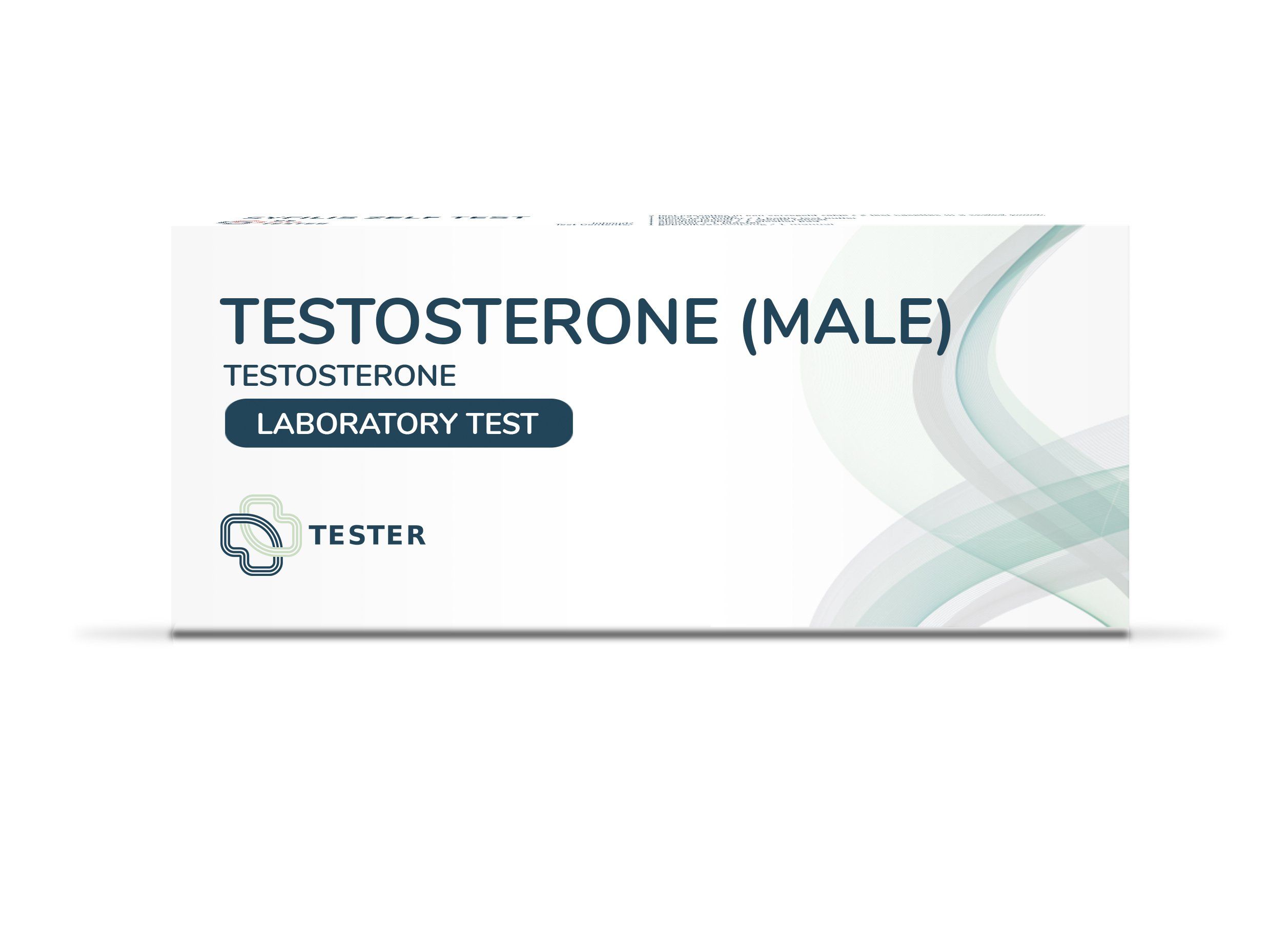 Testosteron-Test (männlich). Weiße Verpackung mit blauer Schrift: TESTOSTERONE (MALE), LABORATORY TEST. Logo: Tester.
