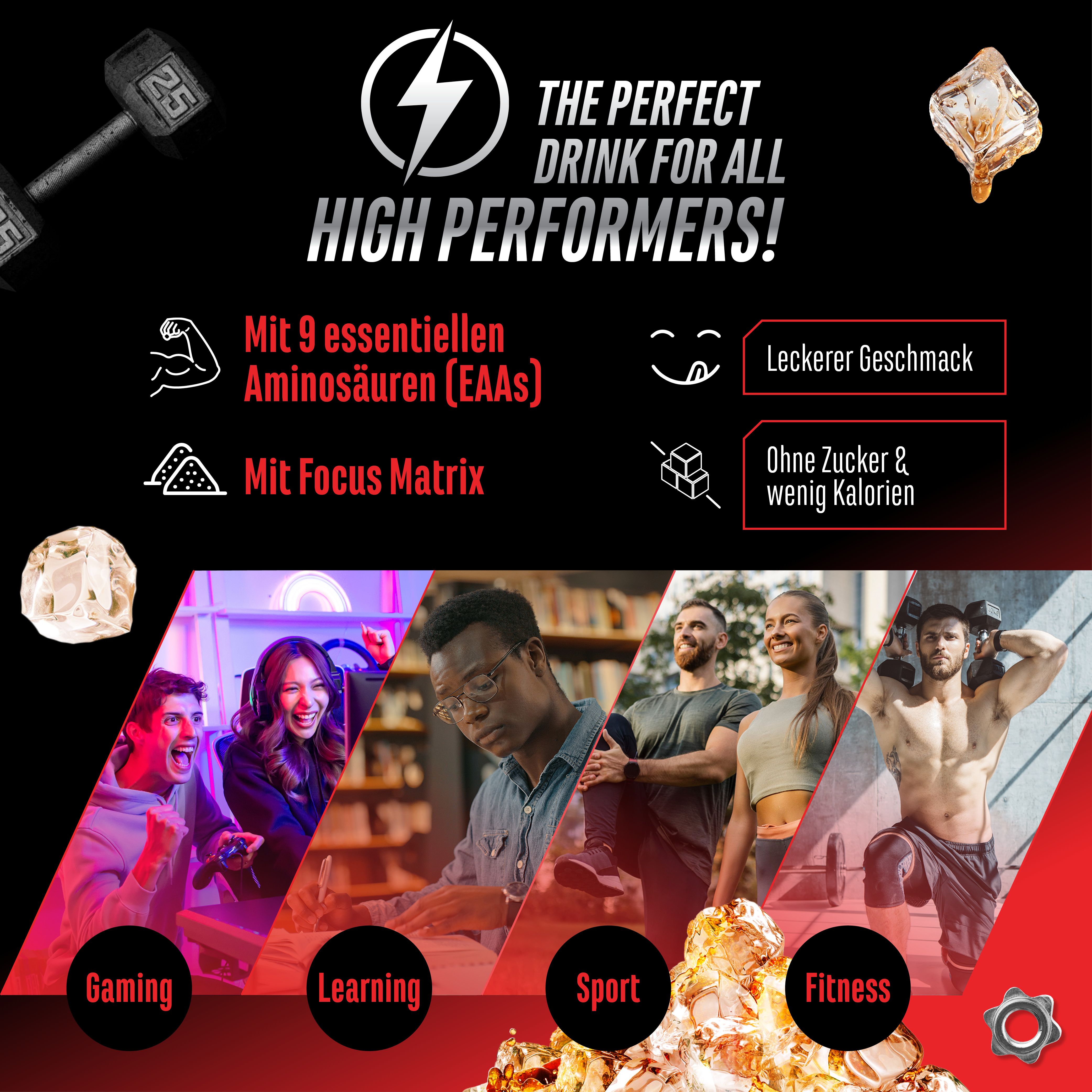 Infografik: "ENERGY EAA". 9 essentielle Aminosäuren, Focus Matrix. Leckerer Geschmack, ohne Zucker & wenig Kalorien. Gaming, Sport, Fitness.