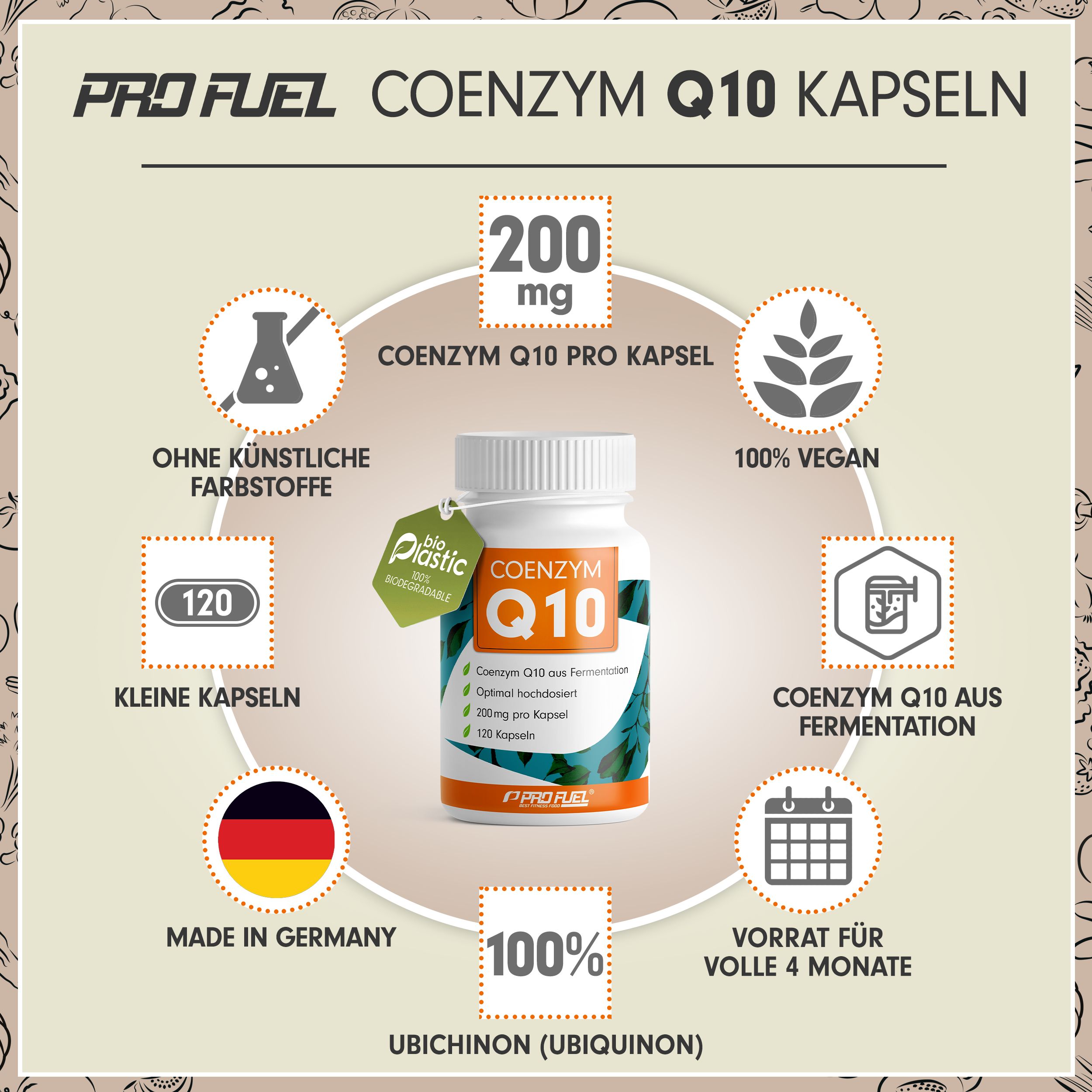 Weiße Flasche mit Kapseln. Aufschrift: COENZYM Q10 Kapseln, 200 mg, 120 Kapseln. Label mit veganem Logo und Made in Germany.